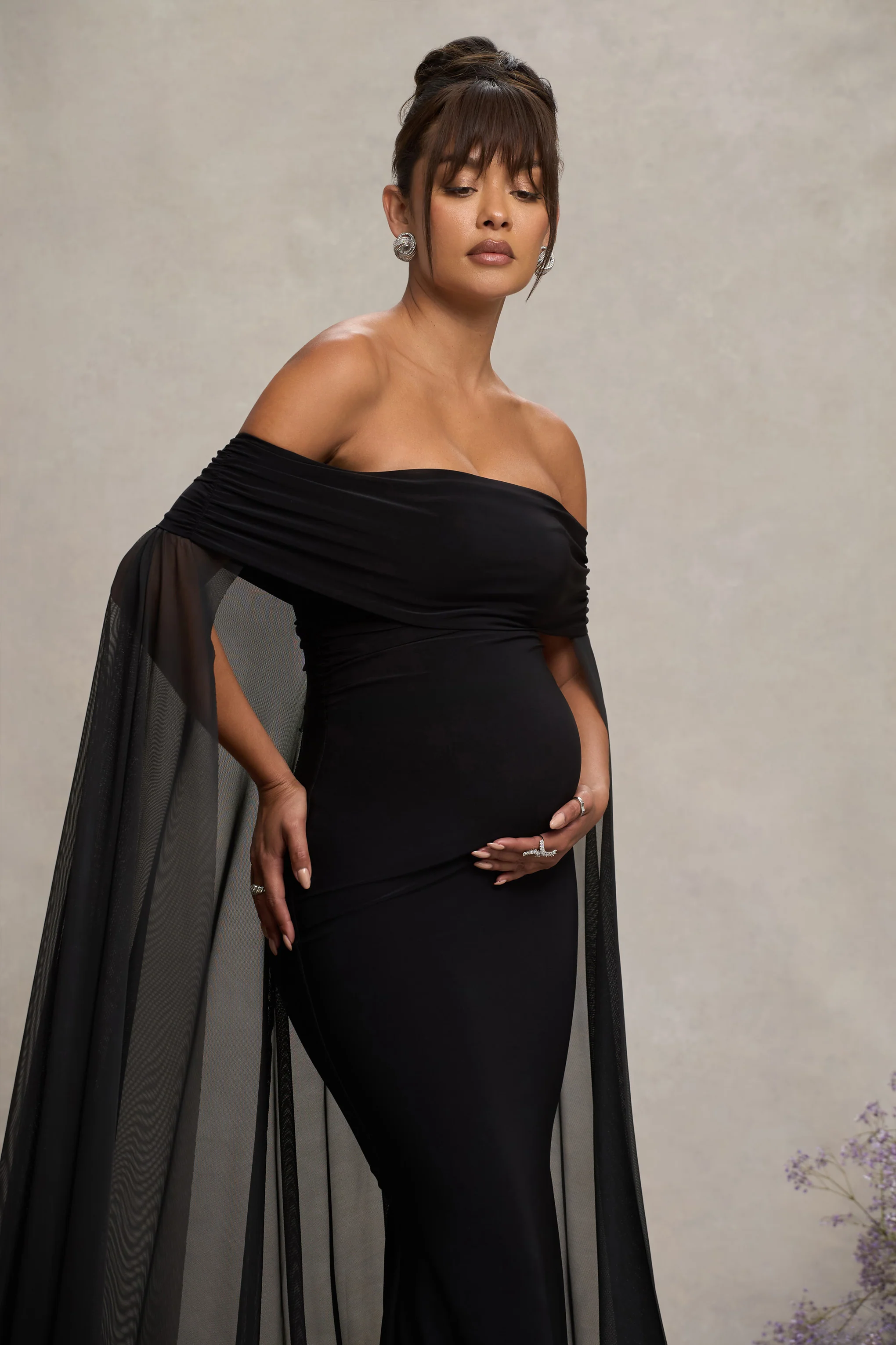 Carlotta | Black Bardot Maternity Maxi Dress With Chiffon Cape - Image 2