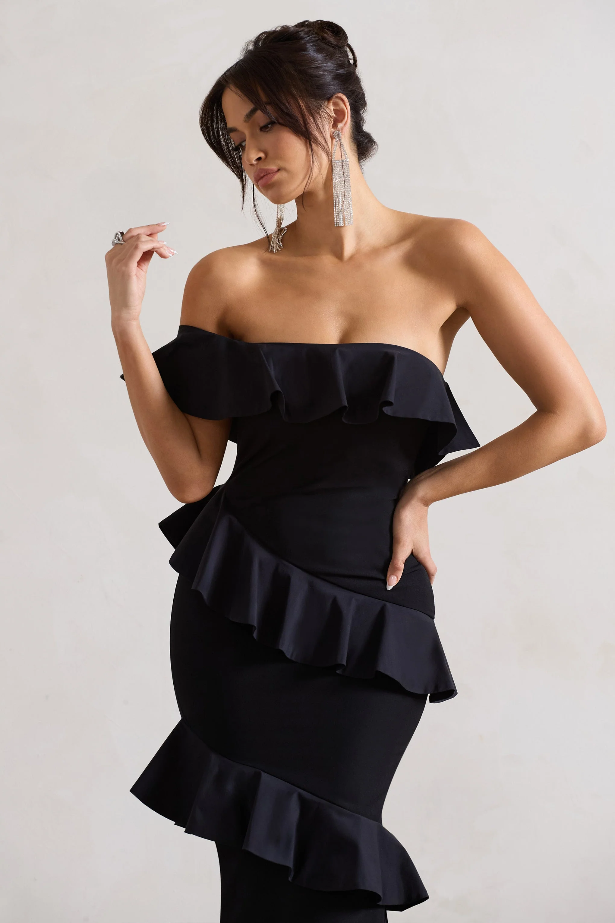 Cinematic | Black Bardot Ruffled Fishtail Maxi Dress - Image 3