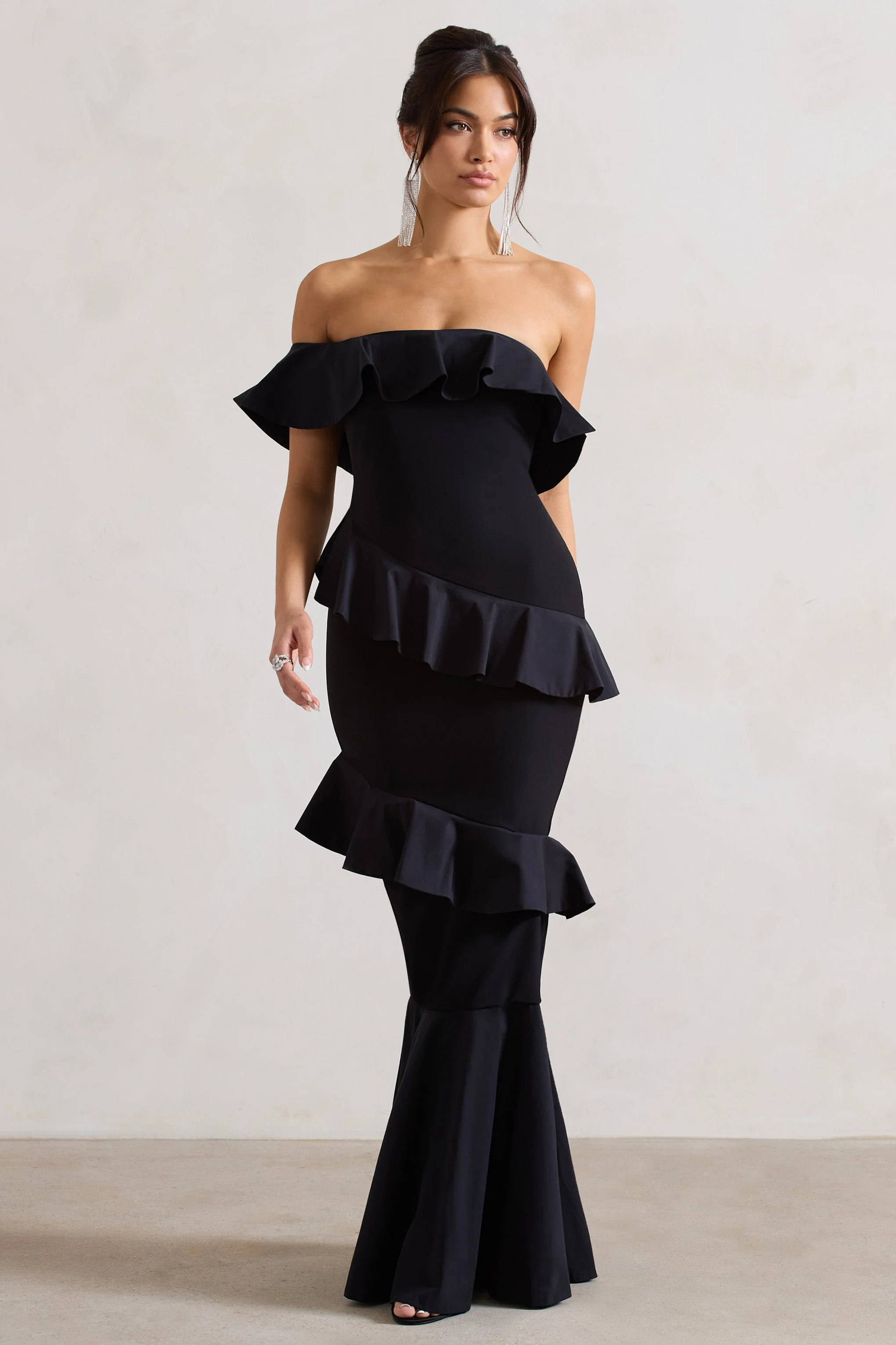 Cinematic | Black Bardot Ruffled Fishtail Maxi Dress - Image 4