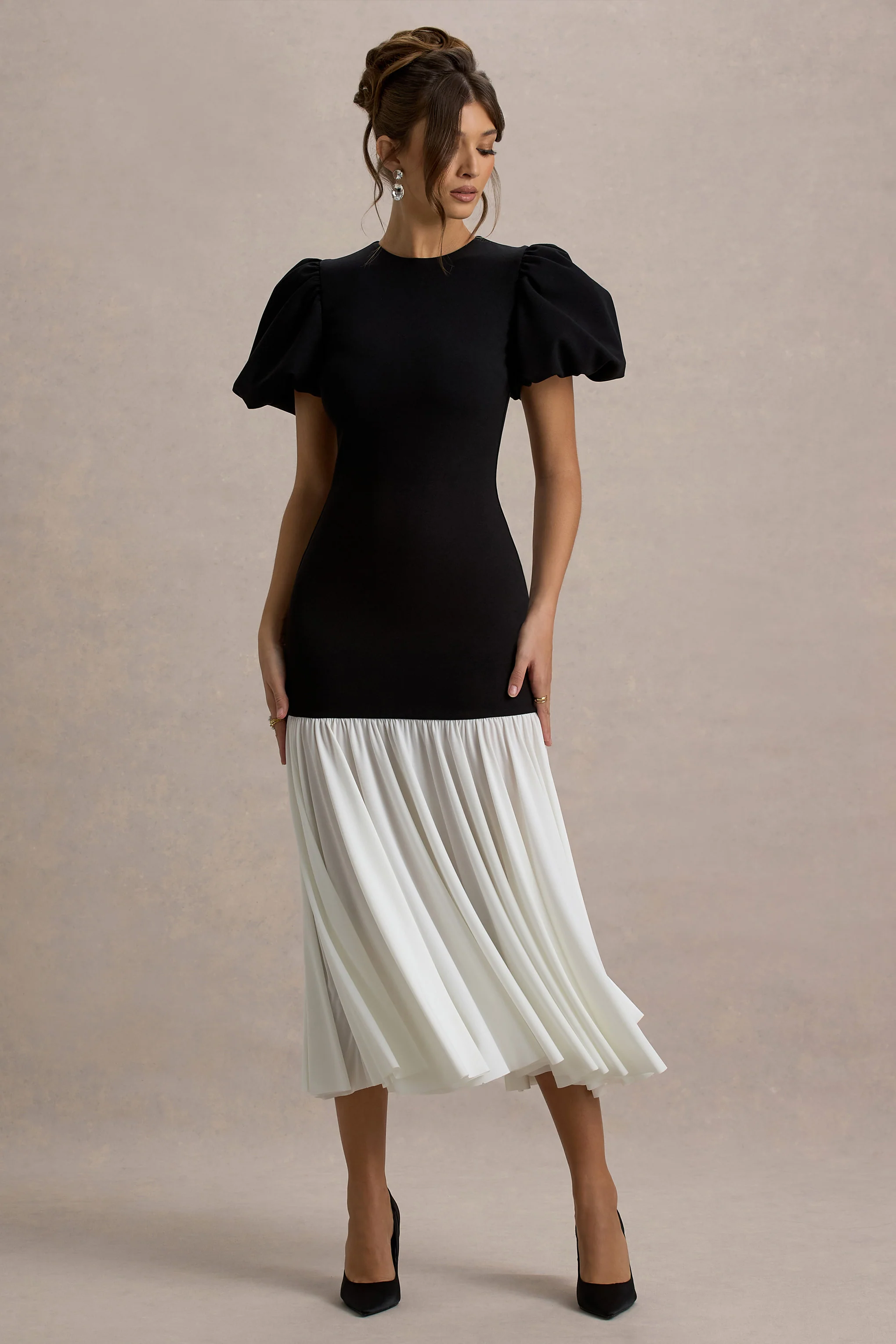 Cinzia | Black & White Puff-Sleeve Volume-Hem Midi Dress - Image 4