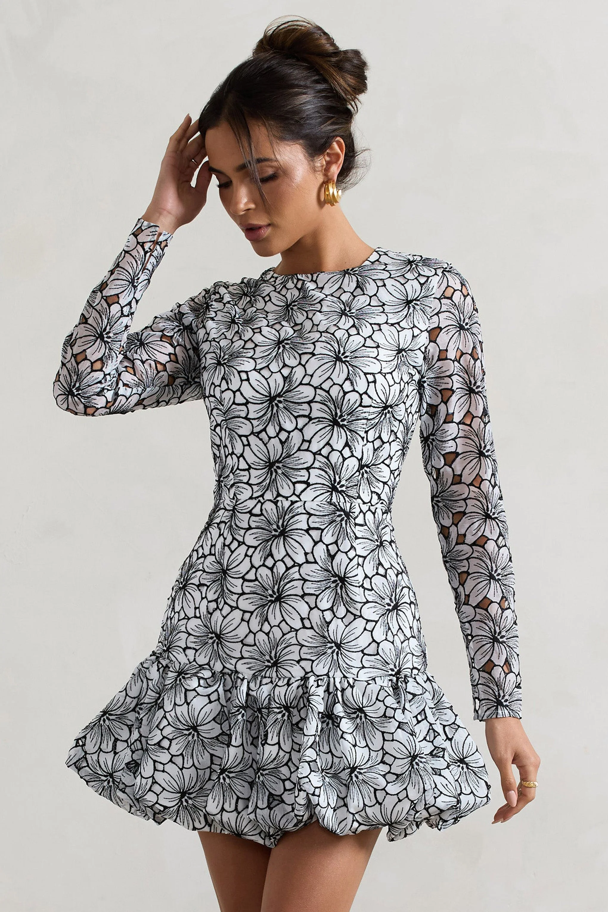 Claribel | Black & White Lace Long-Sleeve Mini Dress With Ruffle Hem - Image 2