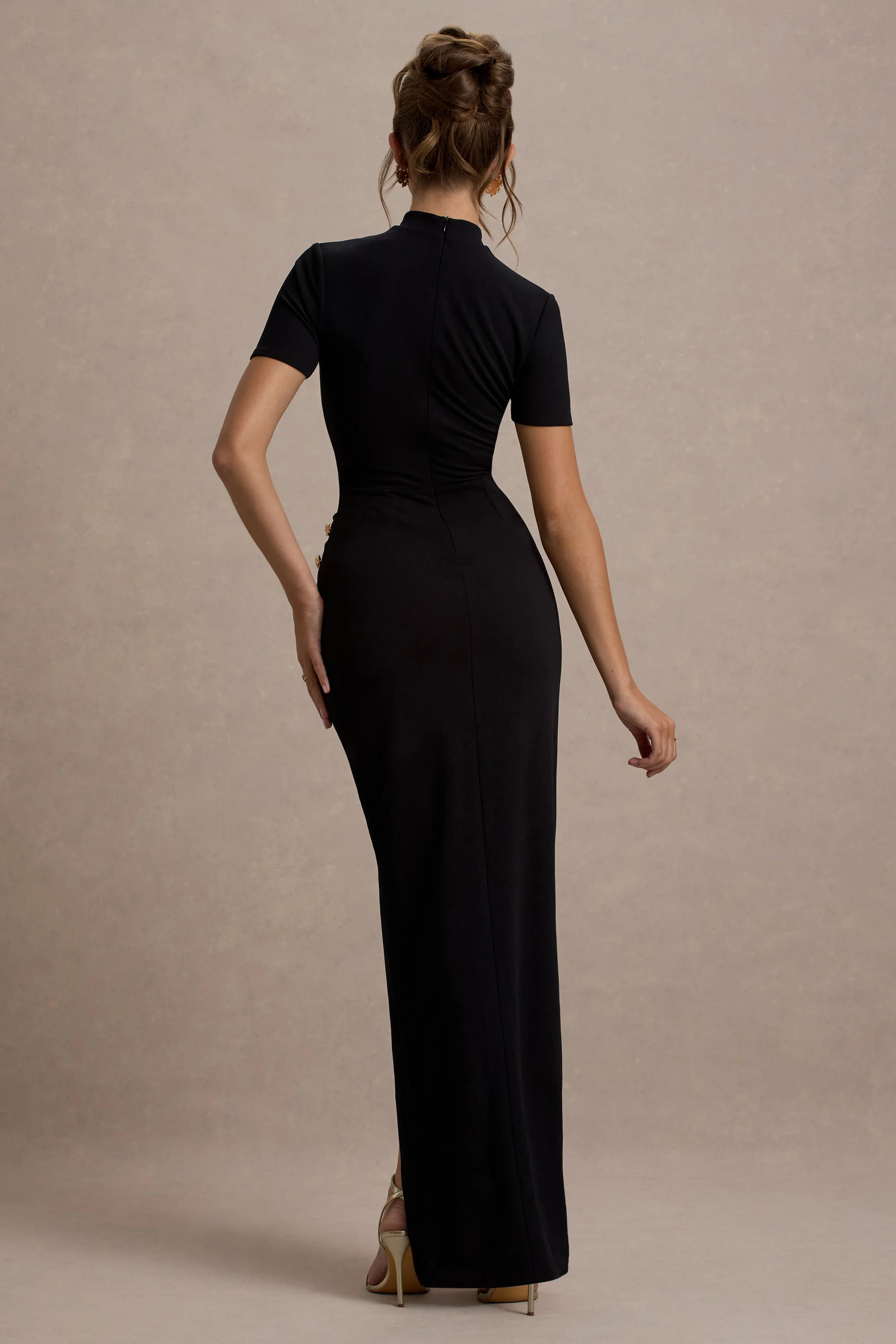 Claudetta | Black High-Neck Short-Sleeve Split Maxi Dress - Image 2