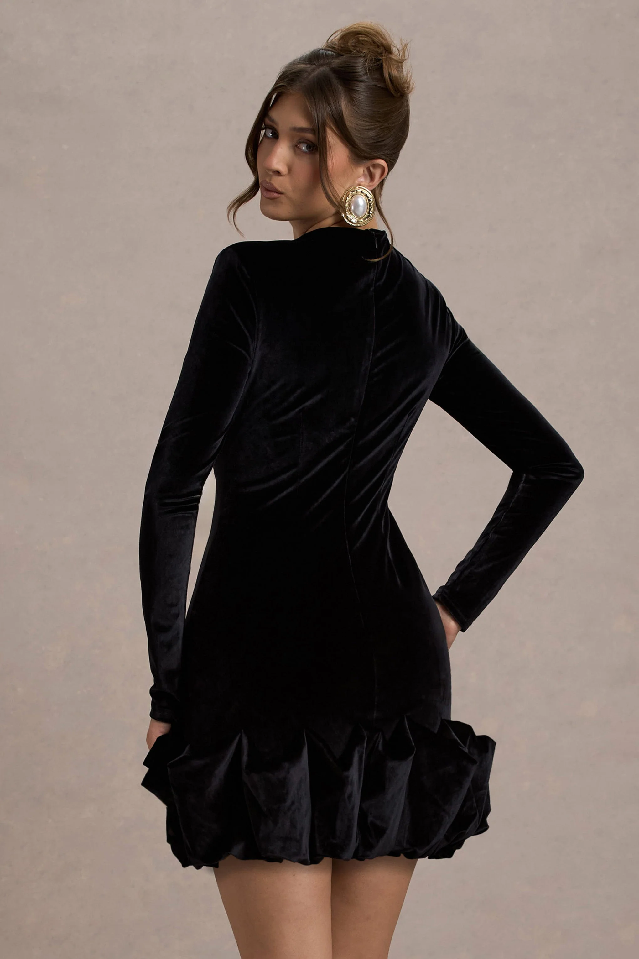 Claudine | Black Velvet Long-Sleeved Ruffled Mini Dress - Image 2