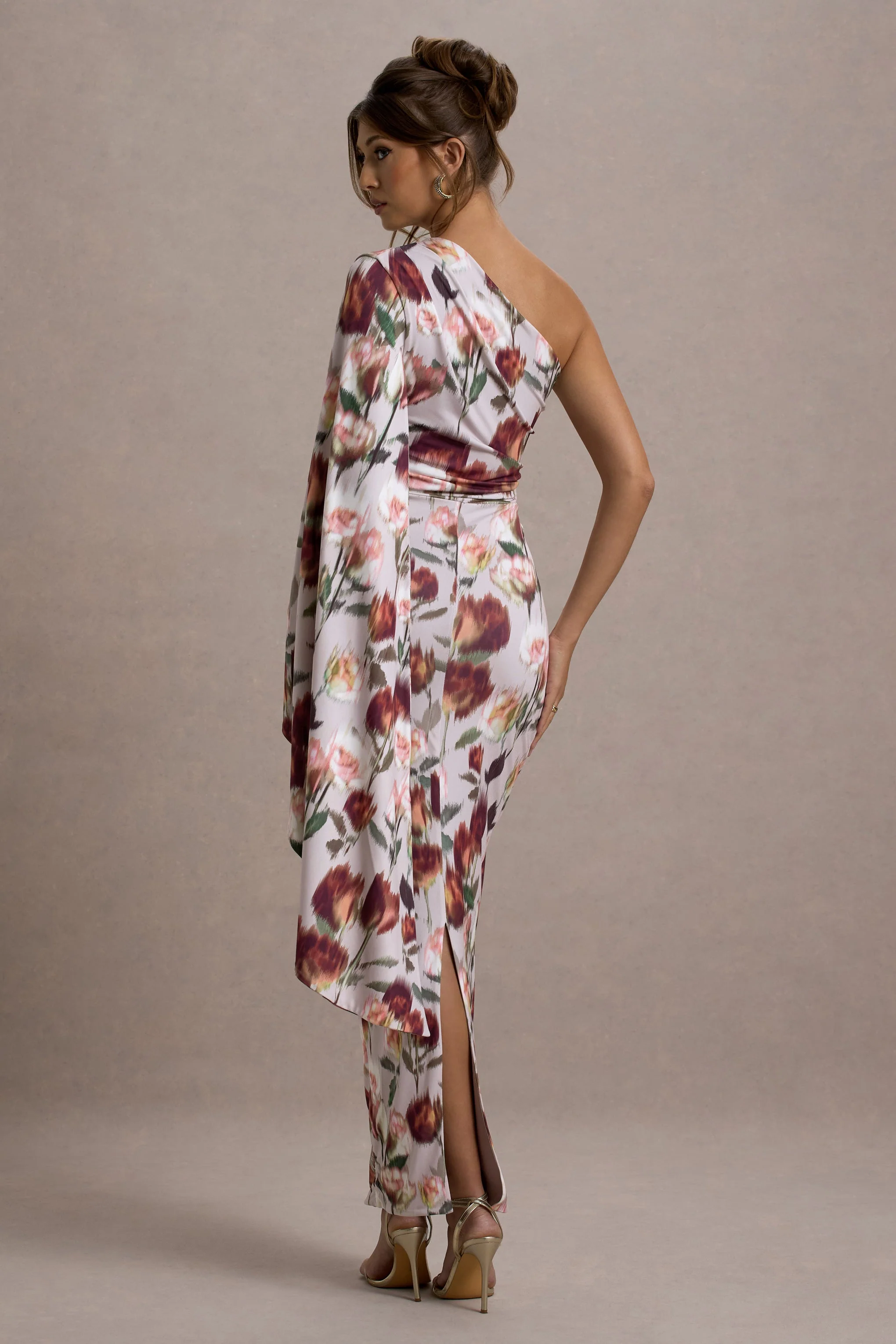 Clementina | Cream Floral Print Asymmetric Cape Sleeve Maxi Dress - Image 2