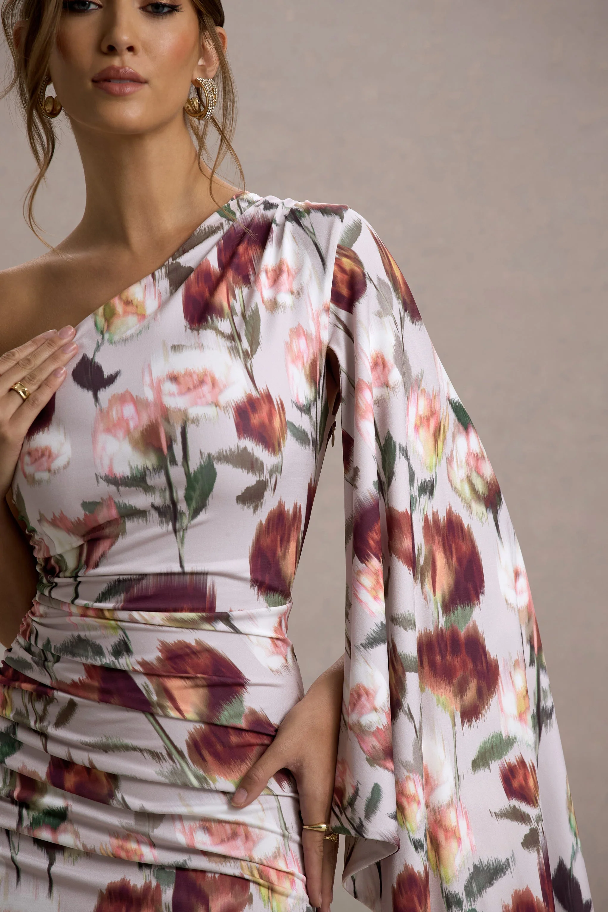 Clementina | Cream Floral Print Asymmetric Cape Sleeve Maxi Dress - Image 6