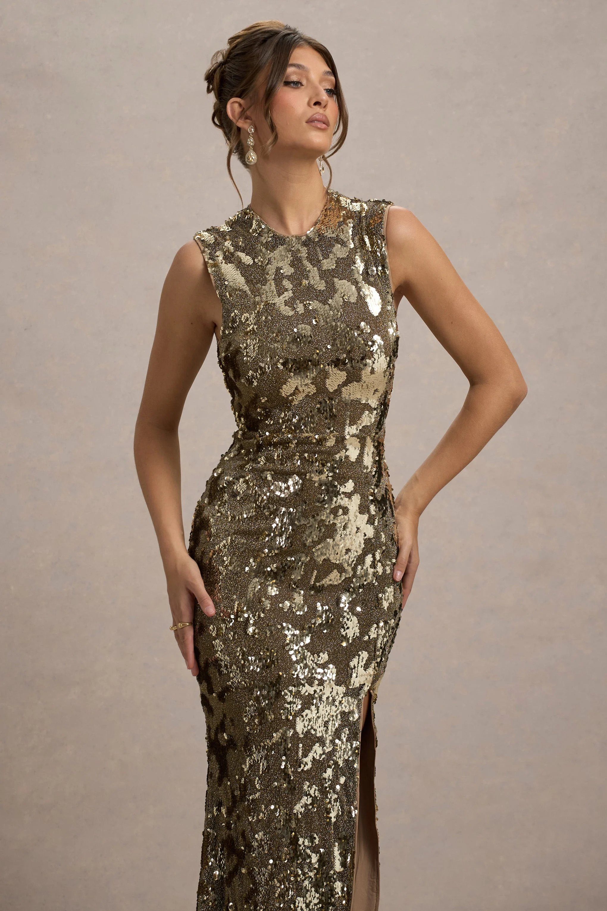 Cleopatra | Gold Sequin Split Maxi Dress - Image 3