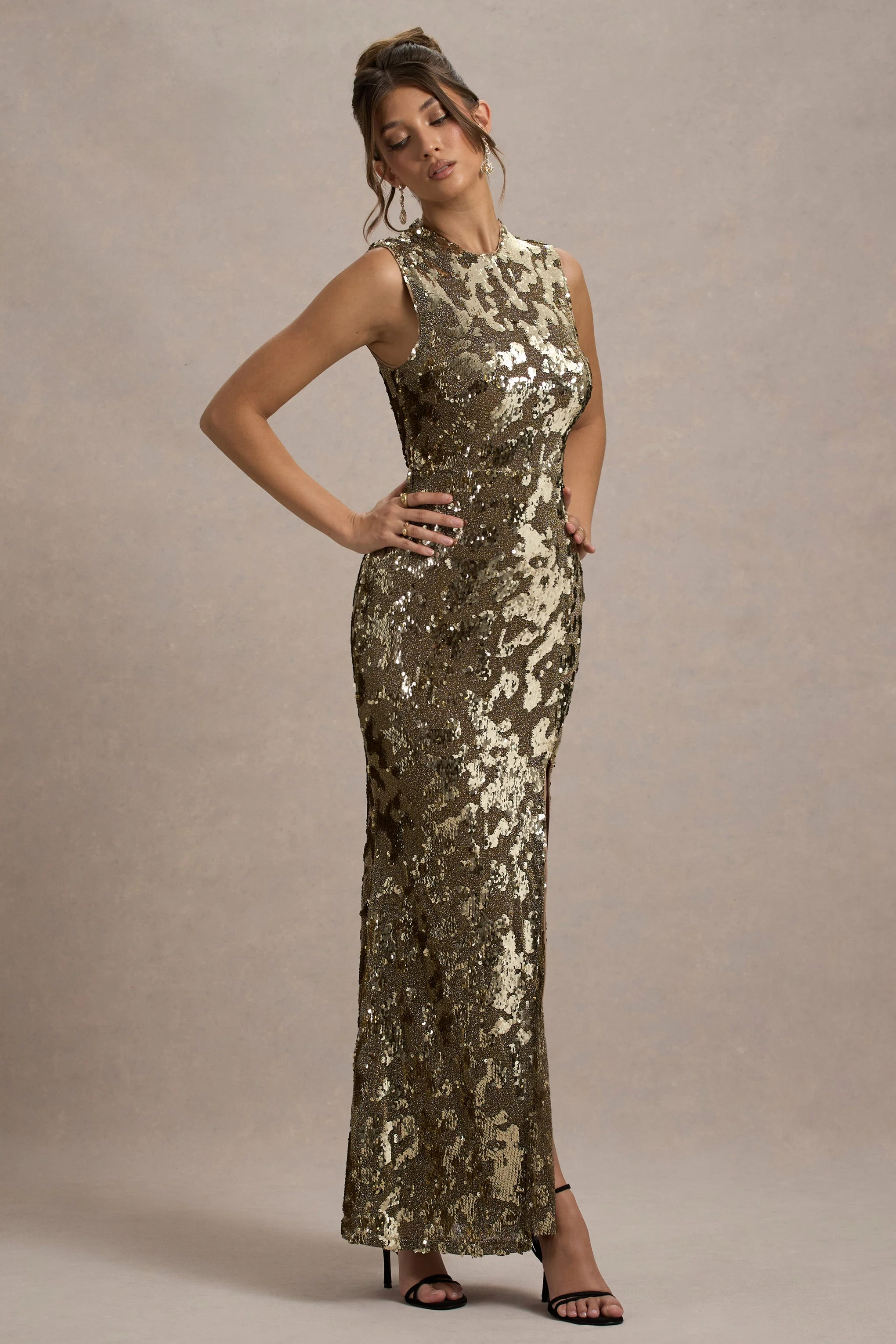 Cleopatra | Gold Sequin Split Maxi Dress - Image 6