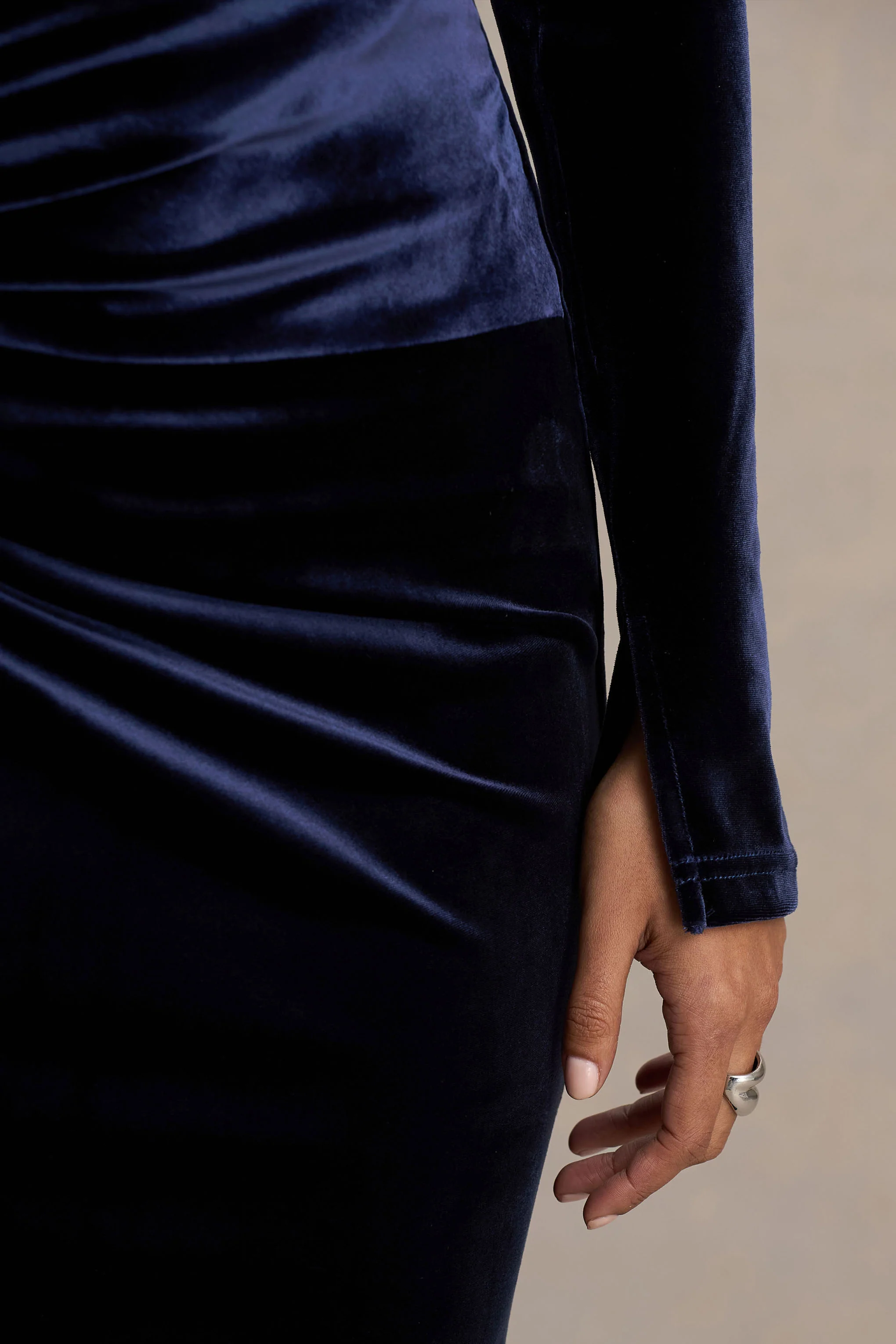 Countess | Navy Velvet Bardot-Neck Wrapped Maxi Dress With Front-High Split - Image 6