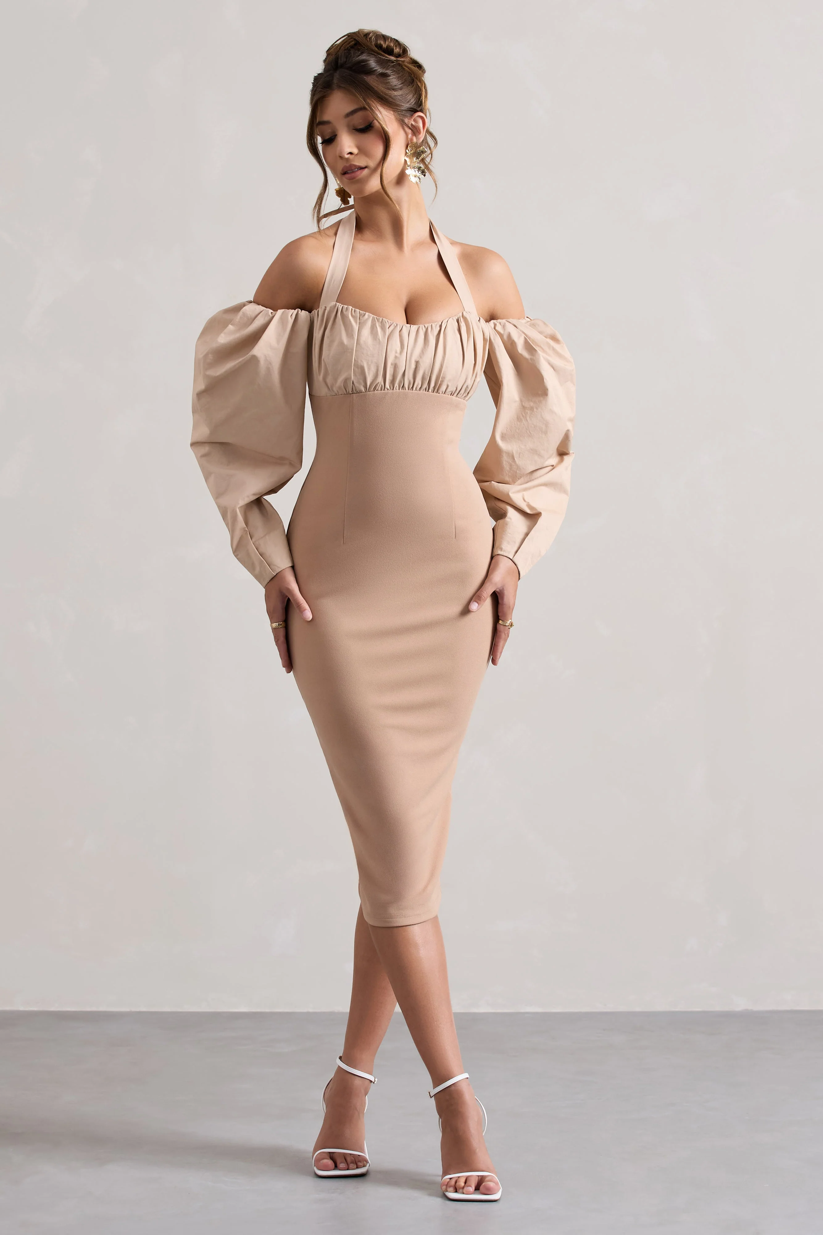 Couture Client | Champagne Halter-Neck Puff Sleeve Midi Dress - Image 4