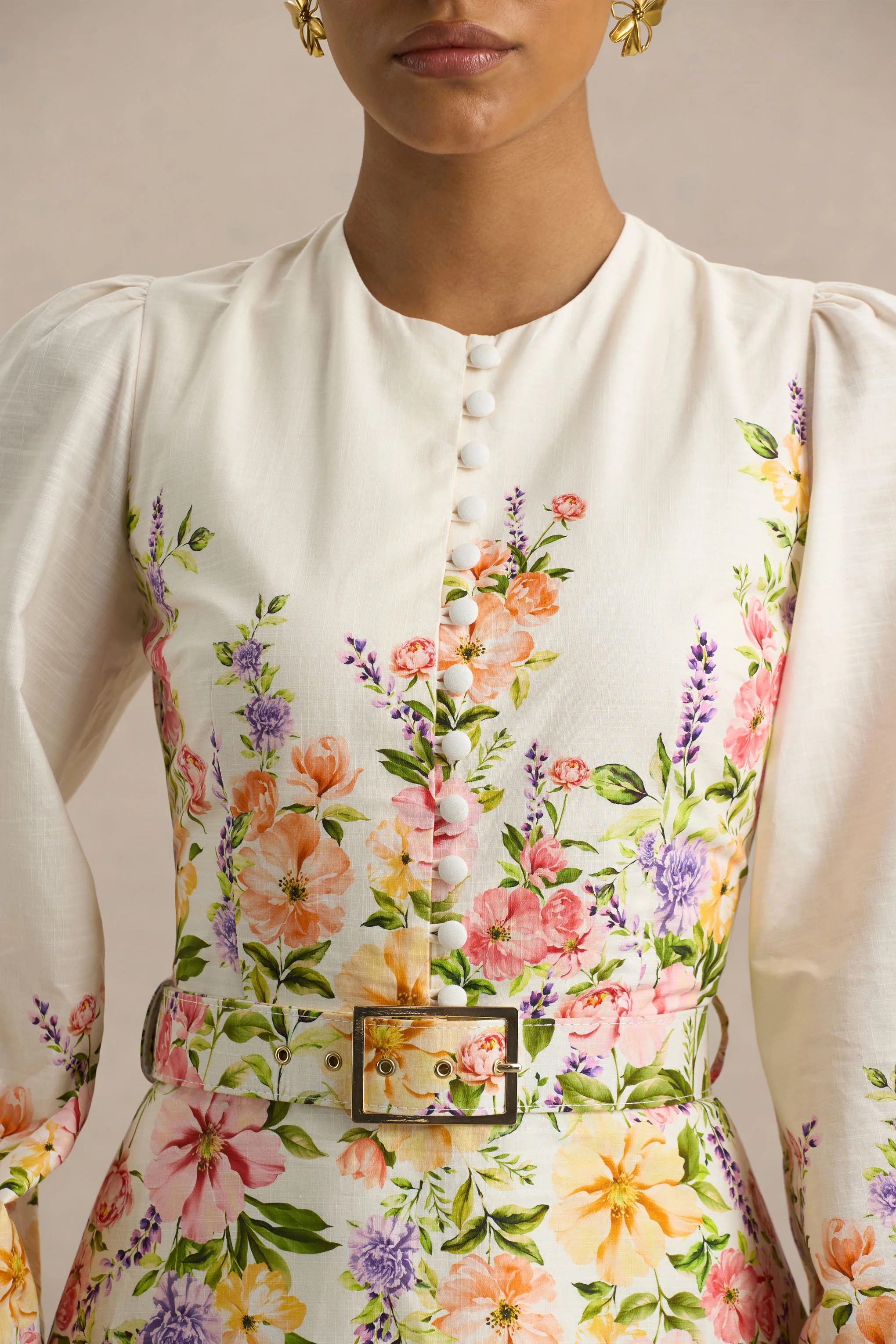 Dahlia | White Floral Border Print High-Neck Midi Dress - Image 6