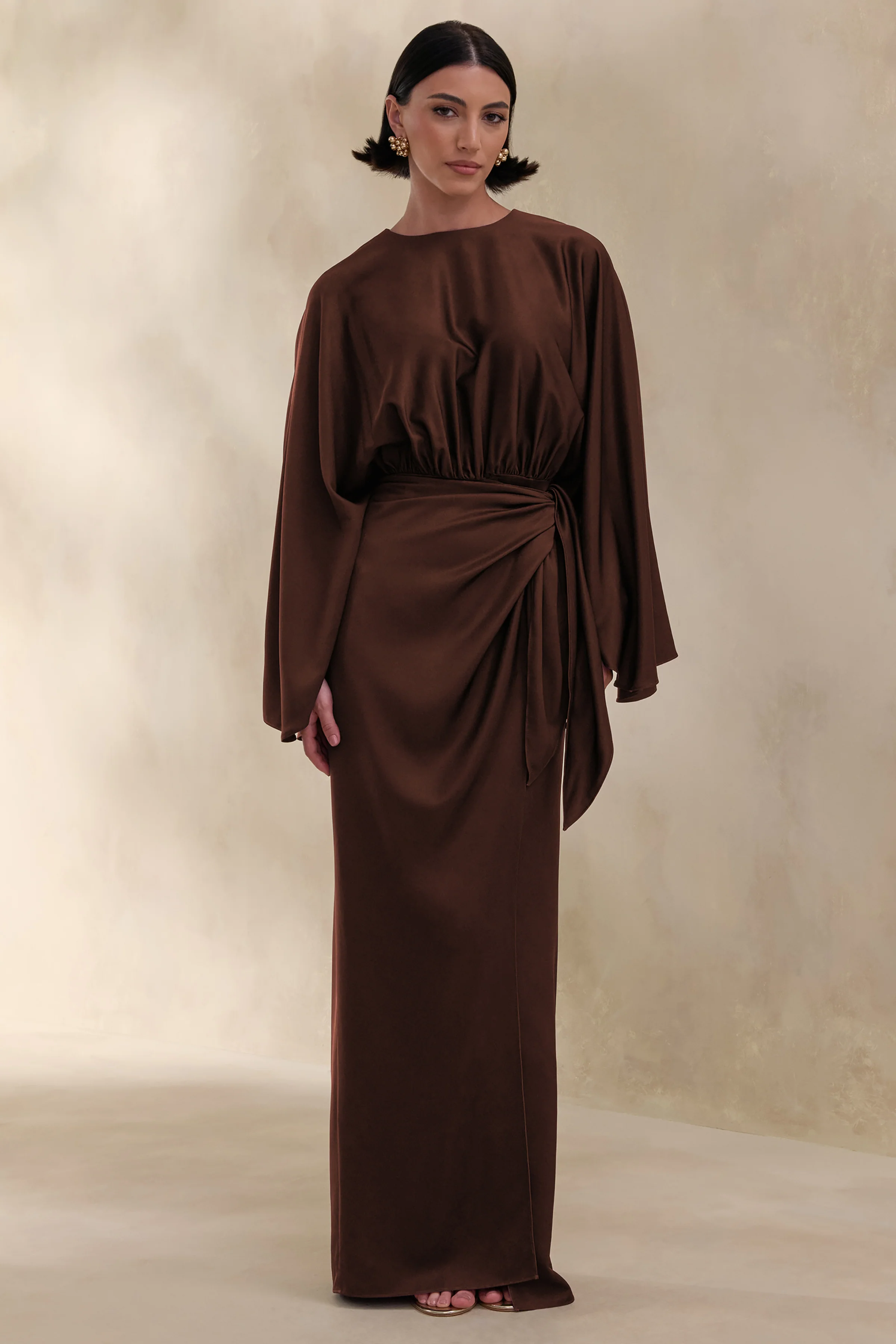 Delphina | Brown Satin Maxi Dress With Gathered And Knot-Detail - Image 5