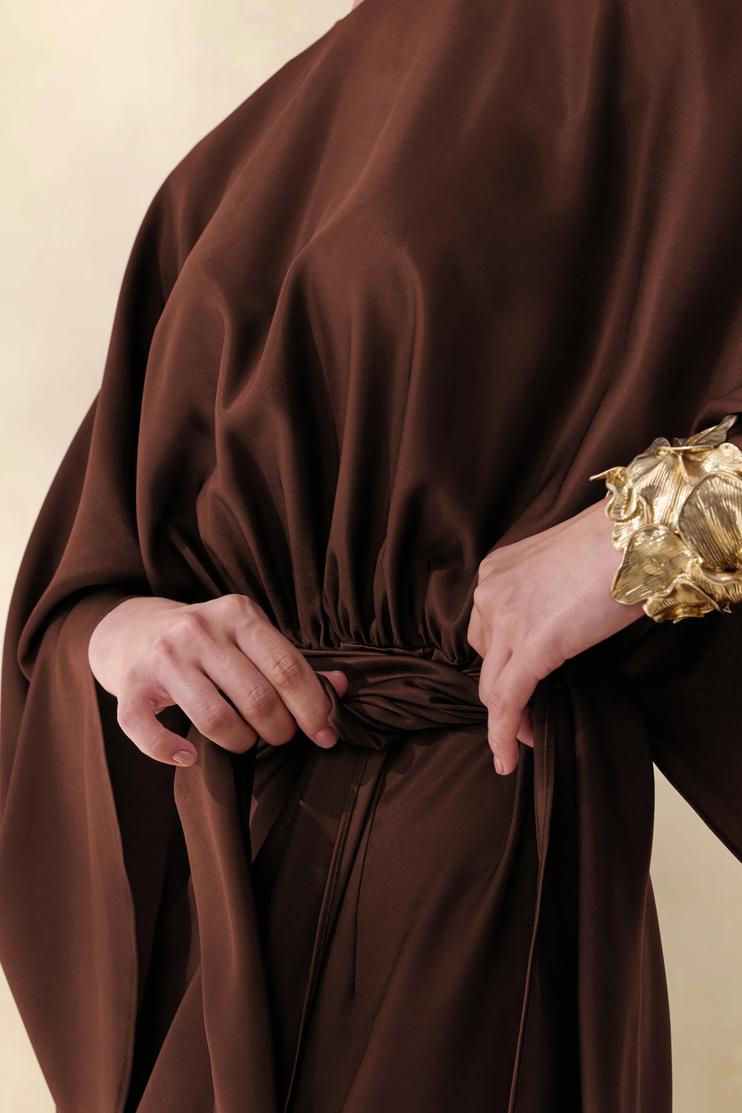 Delphina | Brown Satin Maxi Dress With Gathered And Knot-Detail - Image 7