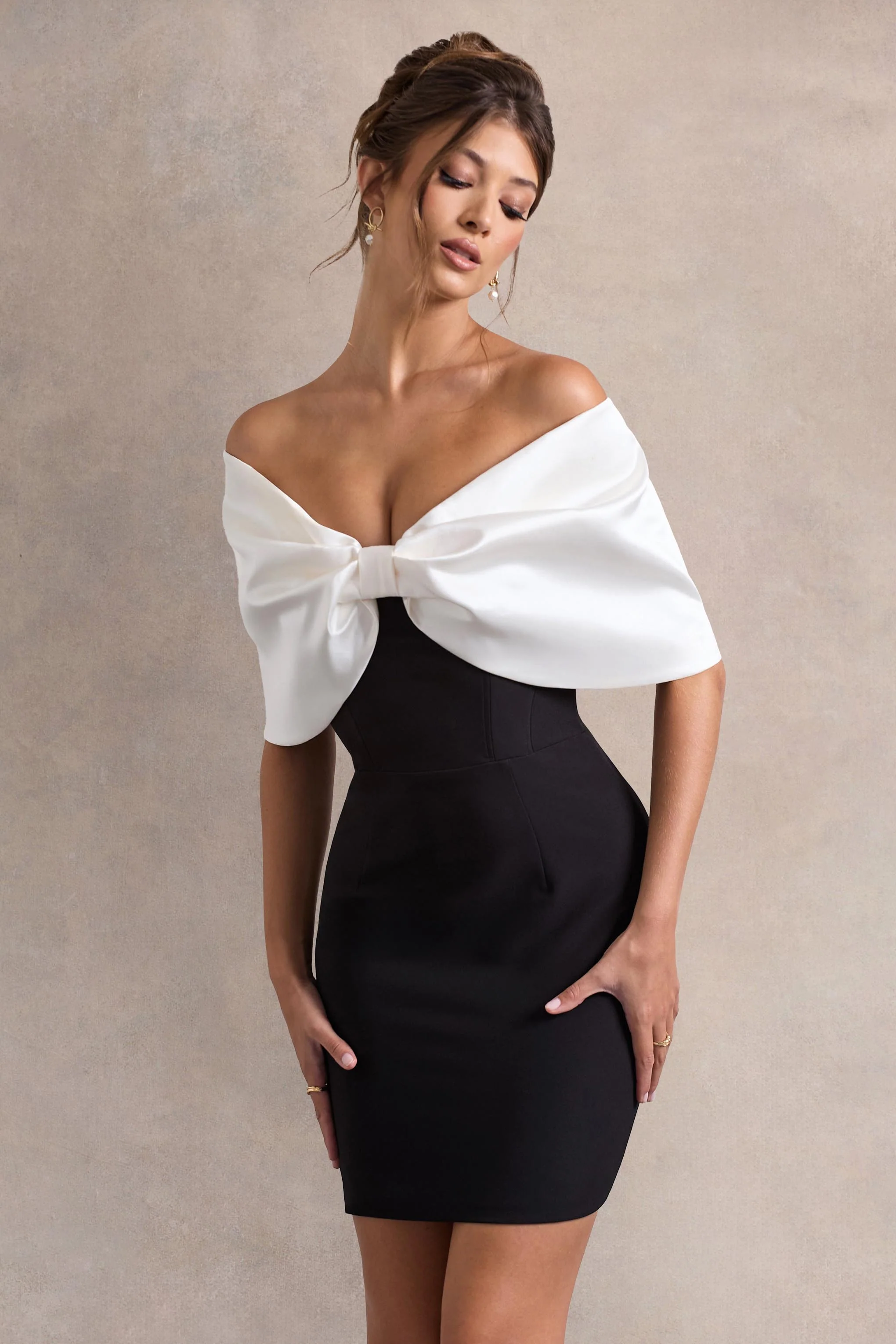 Dewdrop | Black & White Mini Dress With Oversized Bow - Image 3