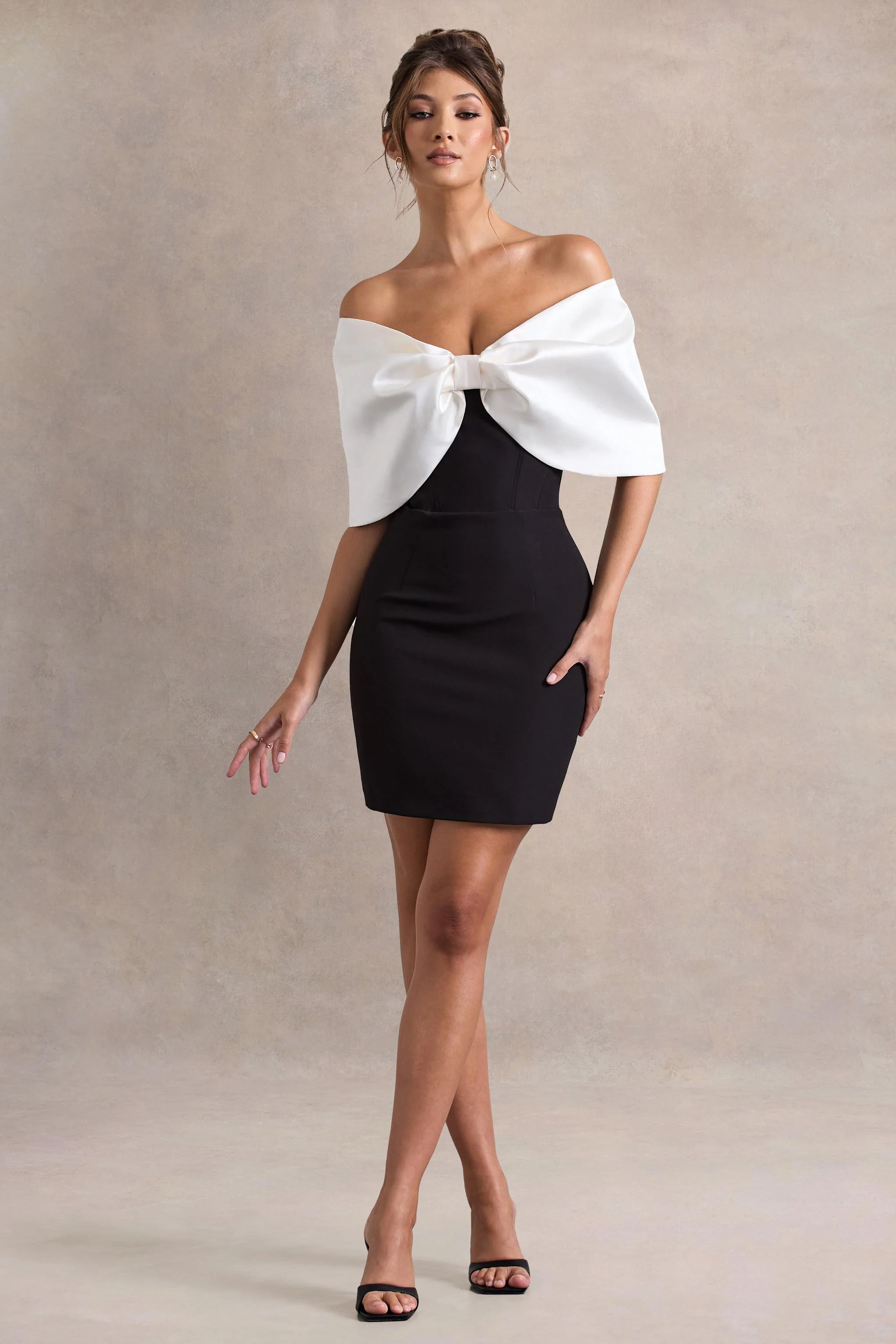 Dewdrop | Black & White Mini Dress With Oversized Bow - Image 5