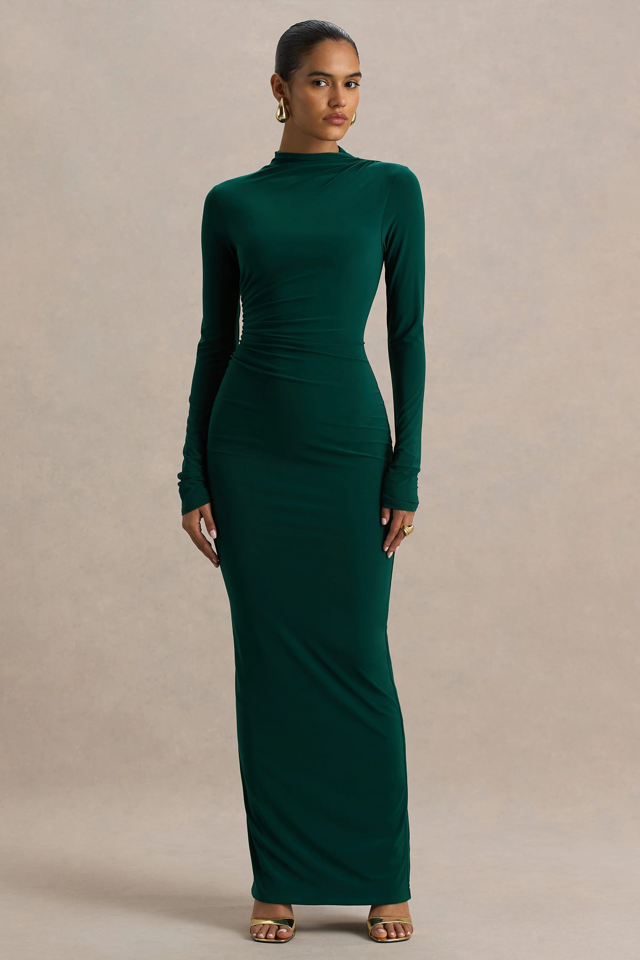 Eden | Bottle Green High-Neck Maxi Dress With Ruched Detailing - Image 5