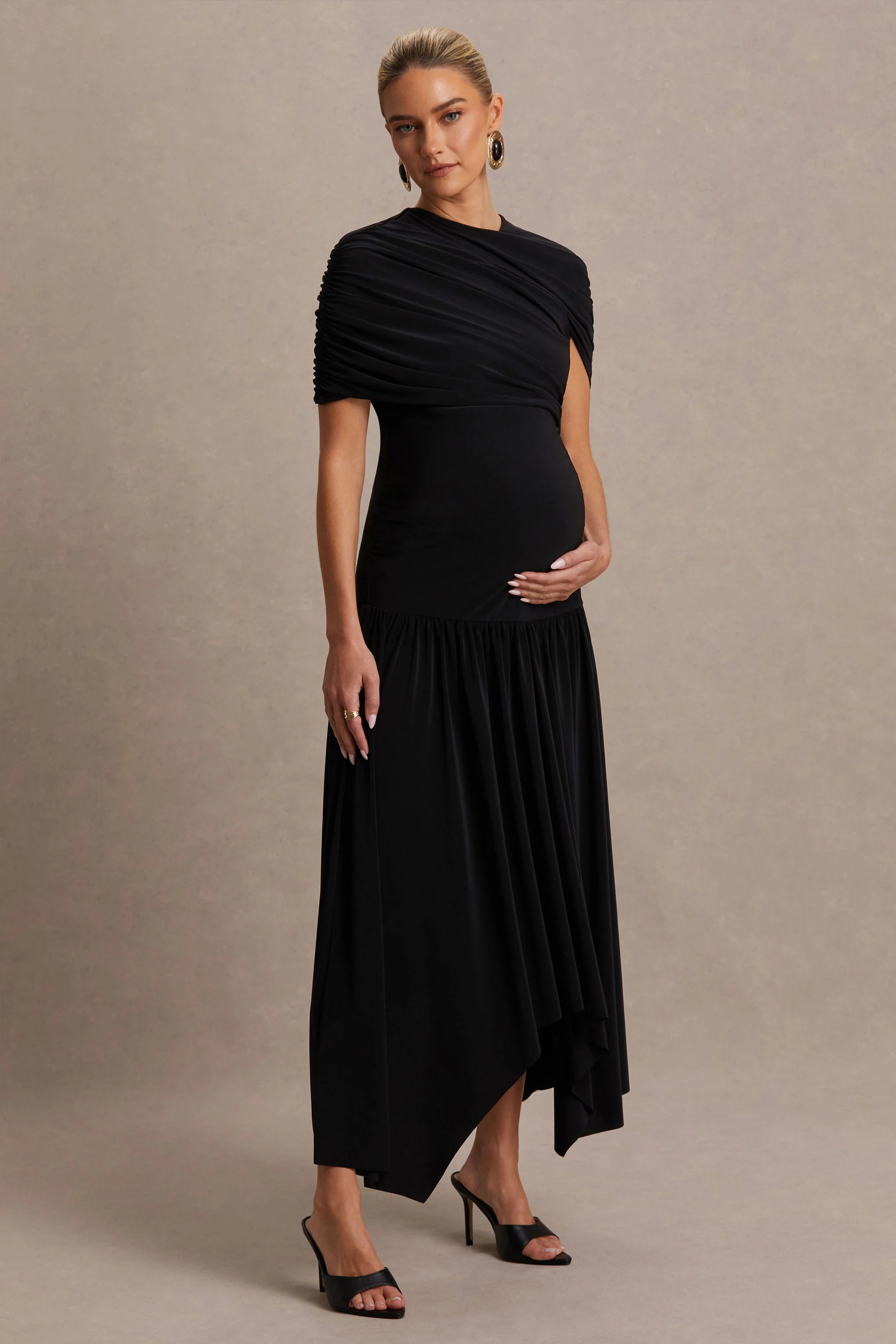 Eleni | Black Crew-Neck Maternity Maxi Dress With Cape-Sleeves And Drop Waist - Image 5