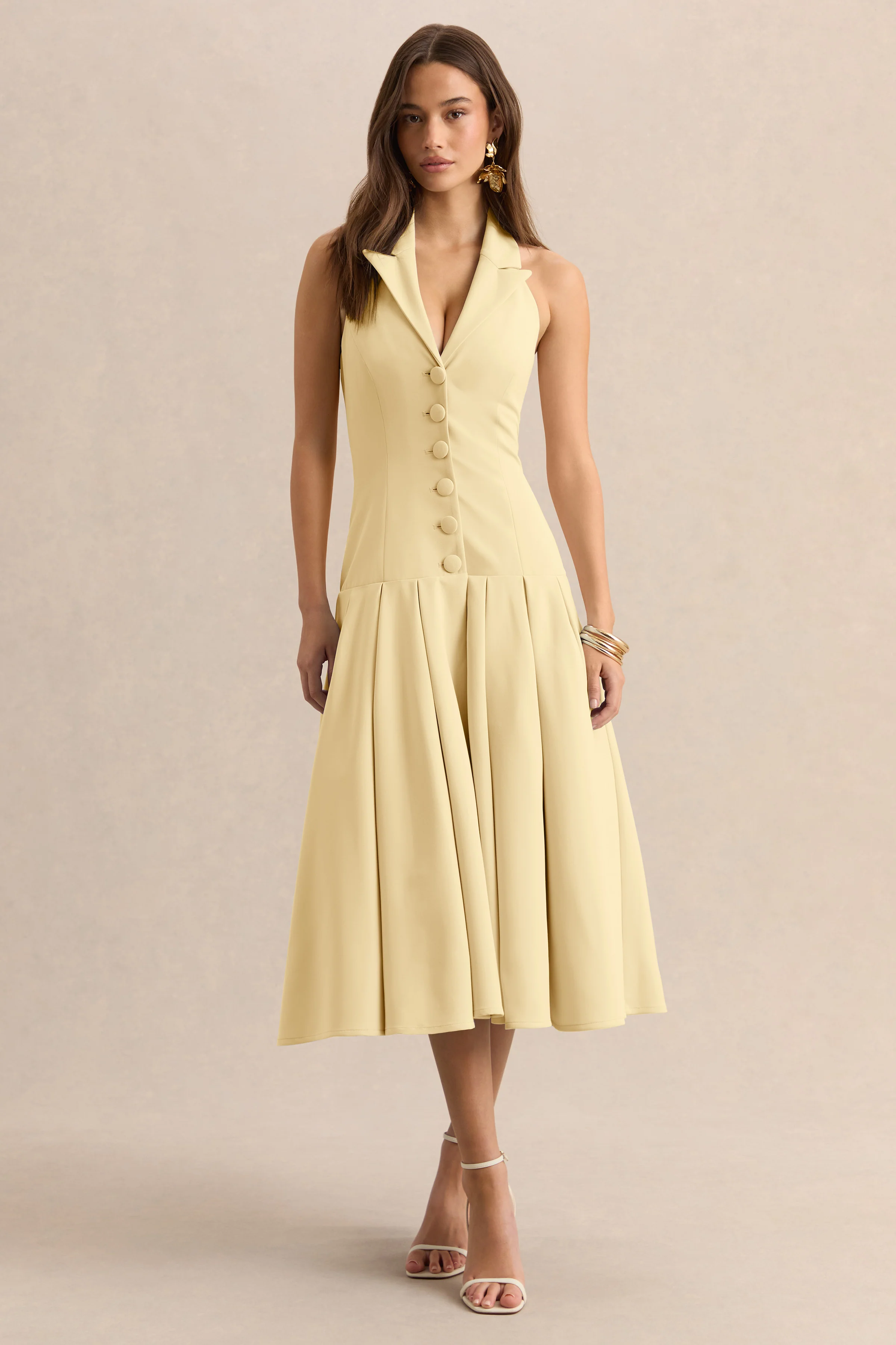 Elise | Lemon Plunge-Neck Midi Dress With Drop-Waist
