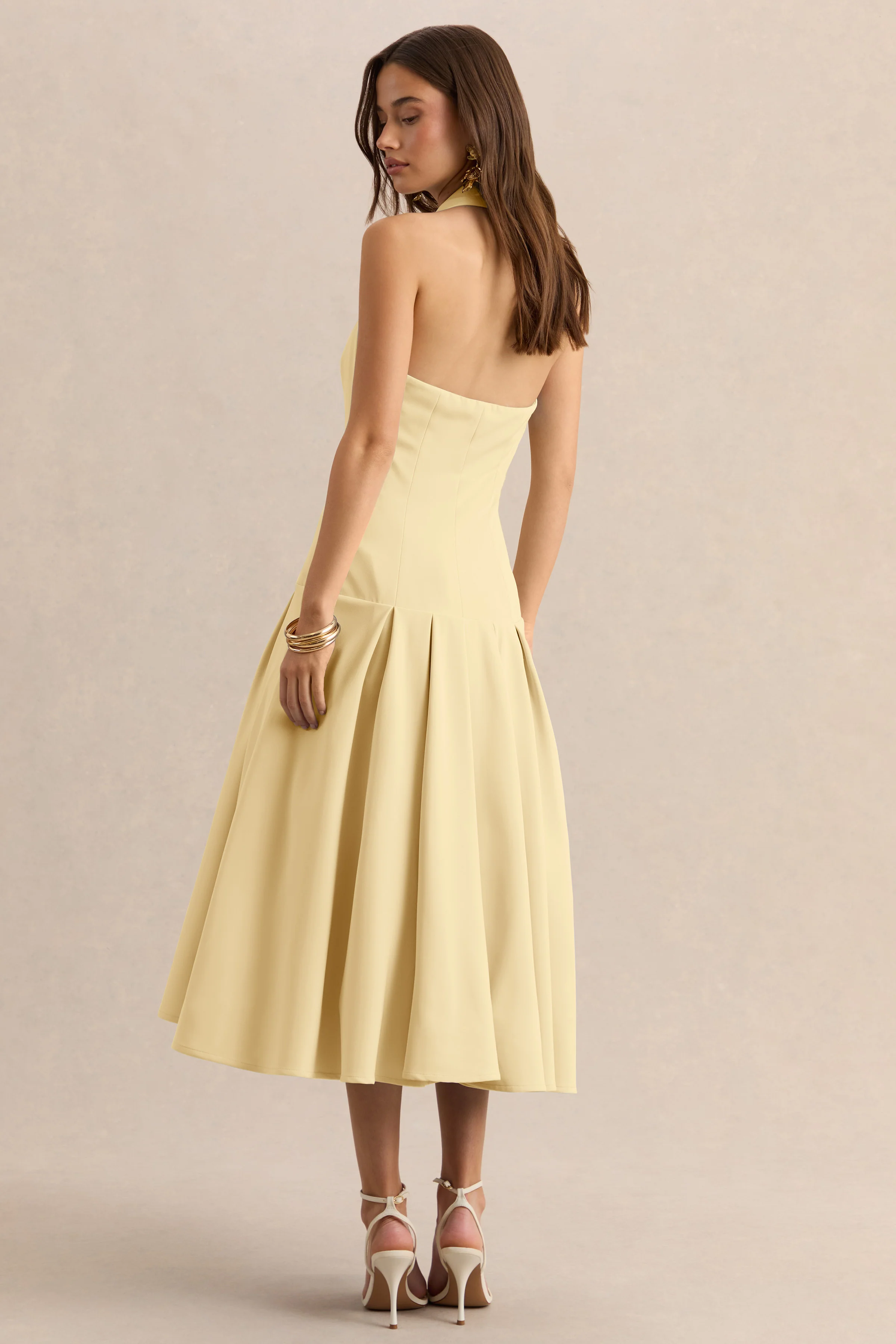 Elise | Lemon Plunge-Neck Midi Dress With Drop-Waist - Image 2