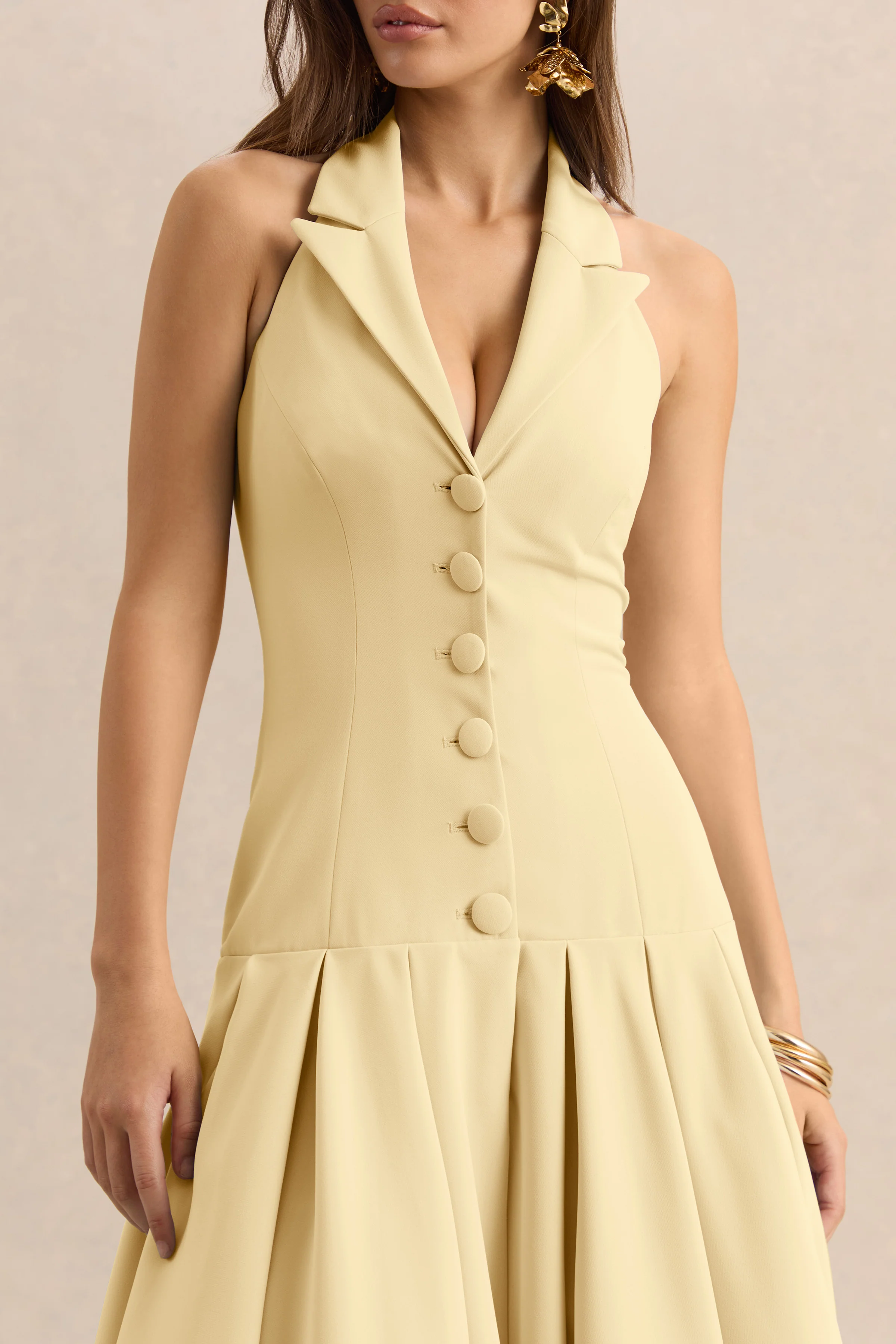 Elise | Lemon Plunge-Neck Midi Dress With Drop-Waist - Image 3