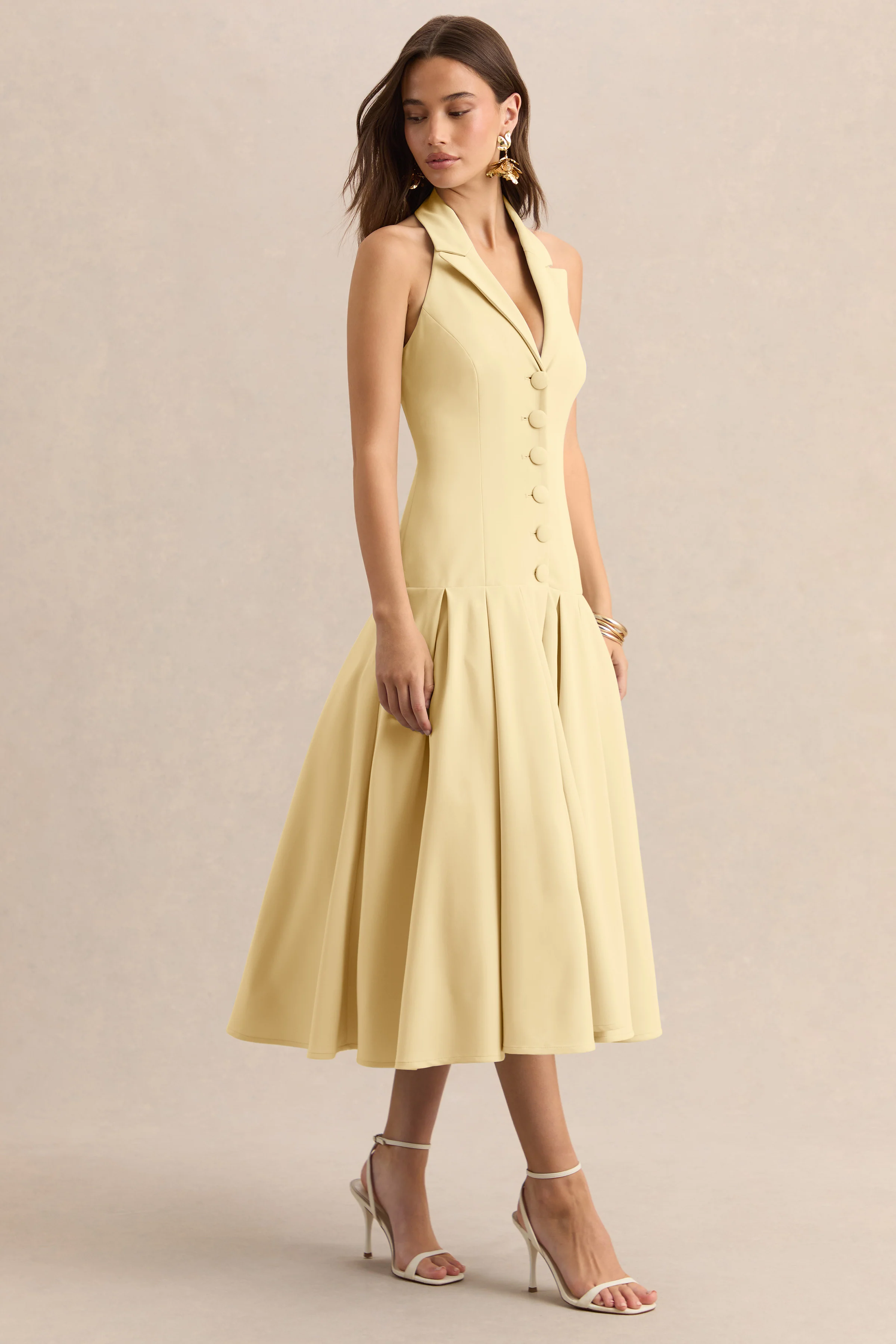 Elise | Lemon Plunge-Neck Midi Dress With Drop-Waist - Image 4