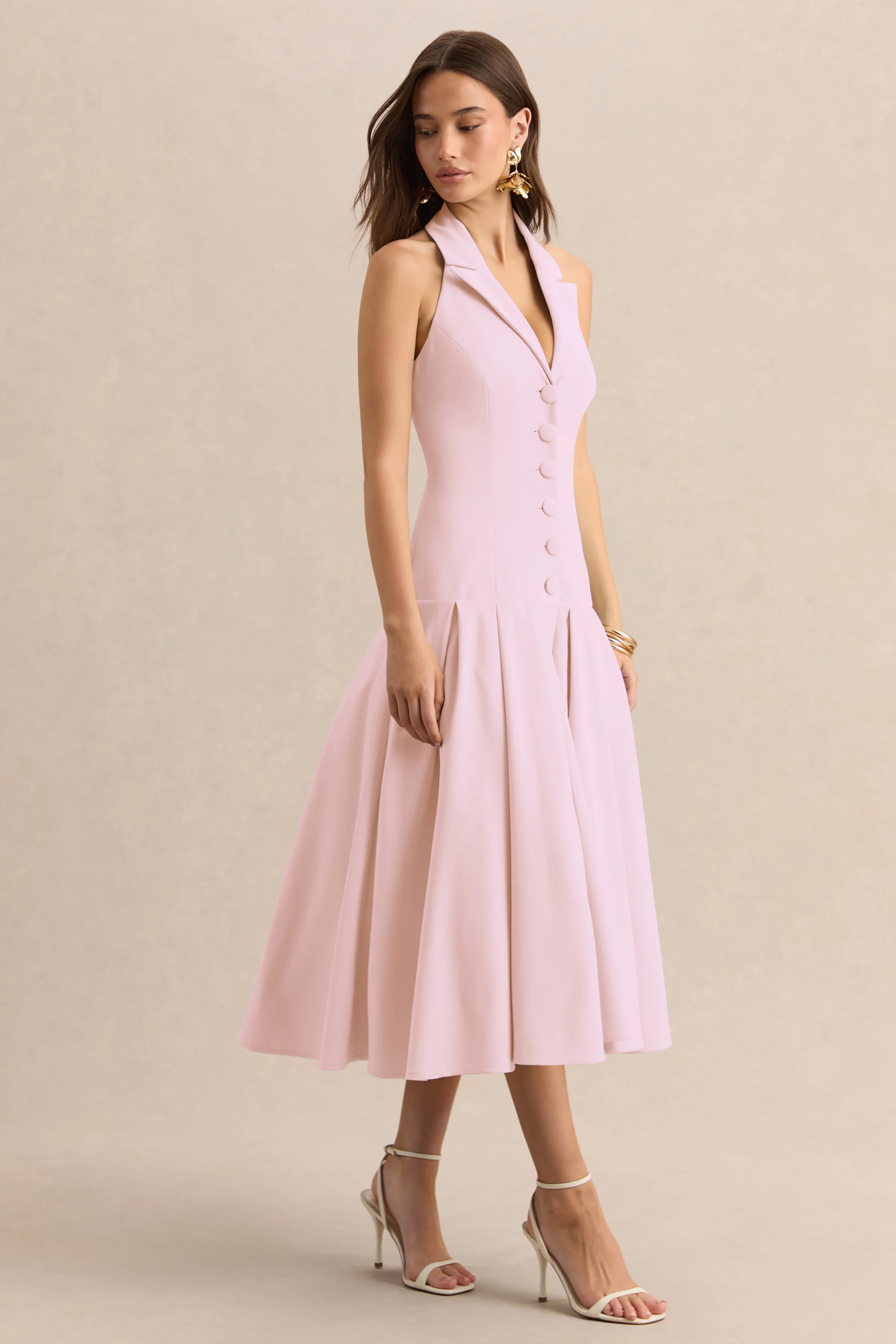 Elise | Light Pink Plunge-Neck Midi Dress With Drop-Waist - Image 6