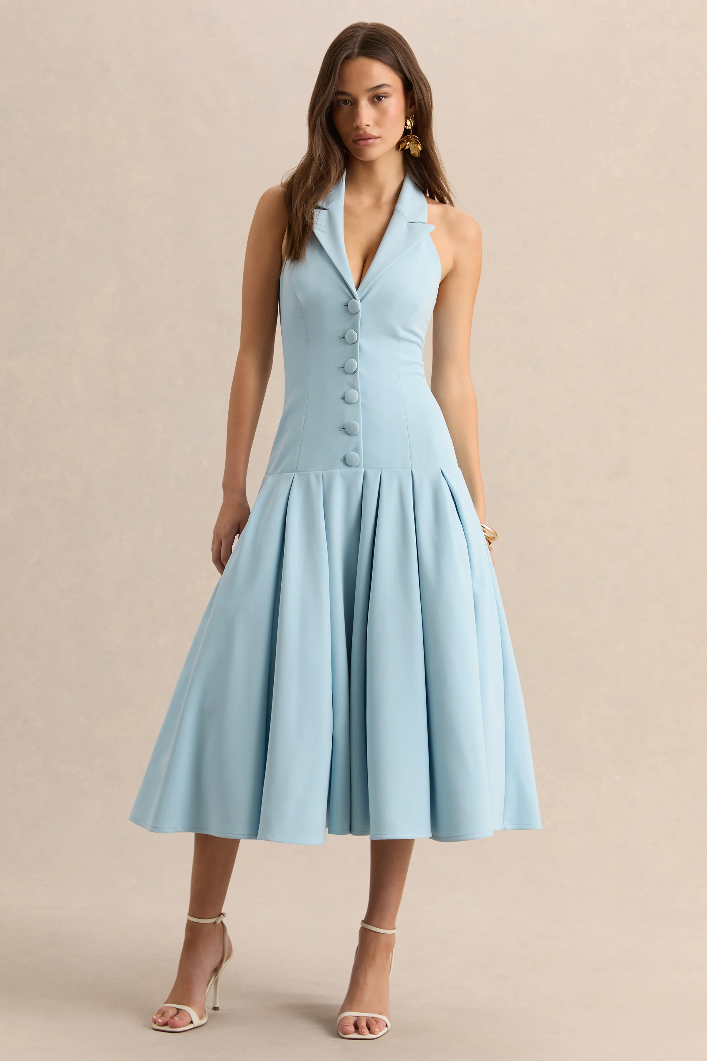 Elise | Powder Blue Plunge-Neck Midi Dress With Drop-Waist - Image 5