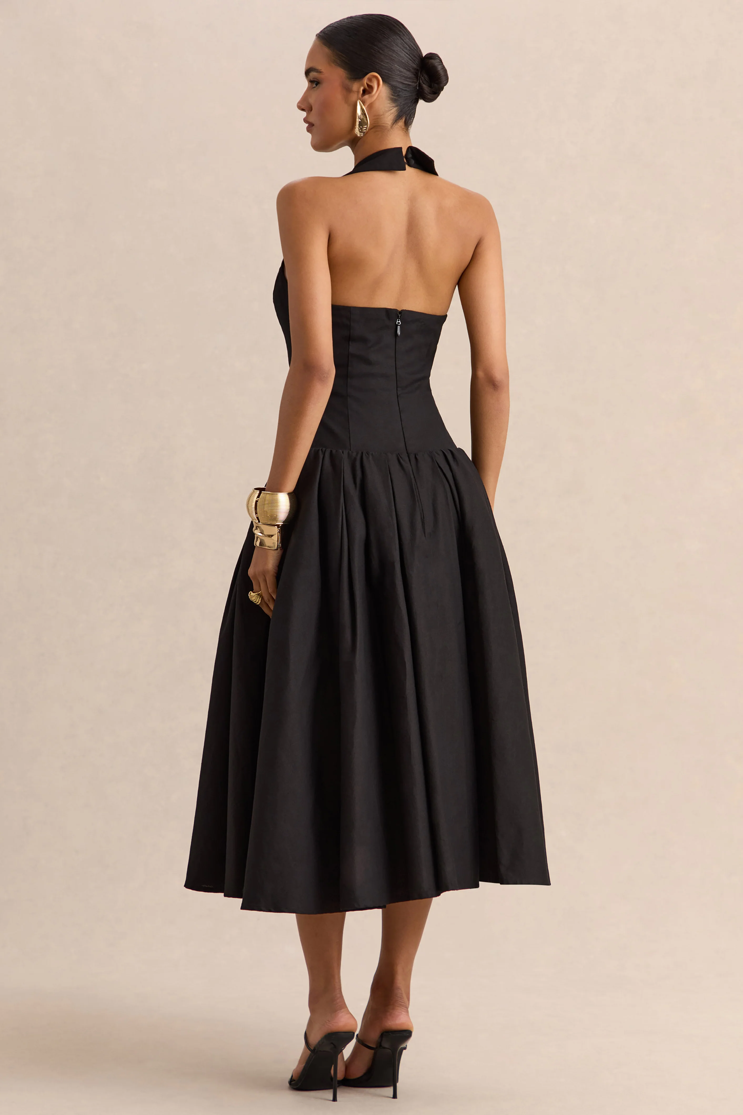 Ella | Black Plunge-Neck Midi Dress With Drop-Waist - Image 2