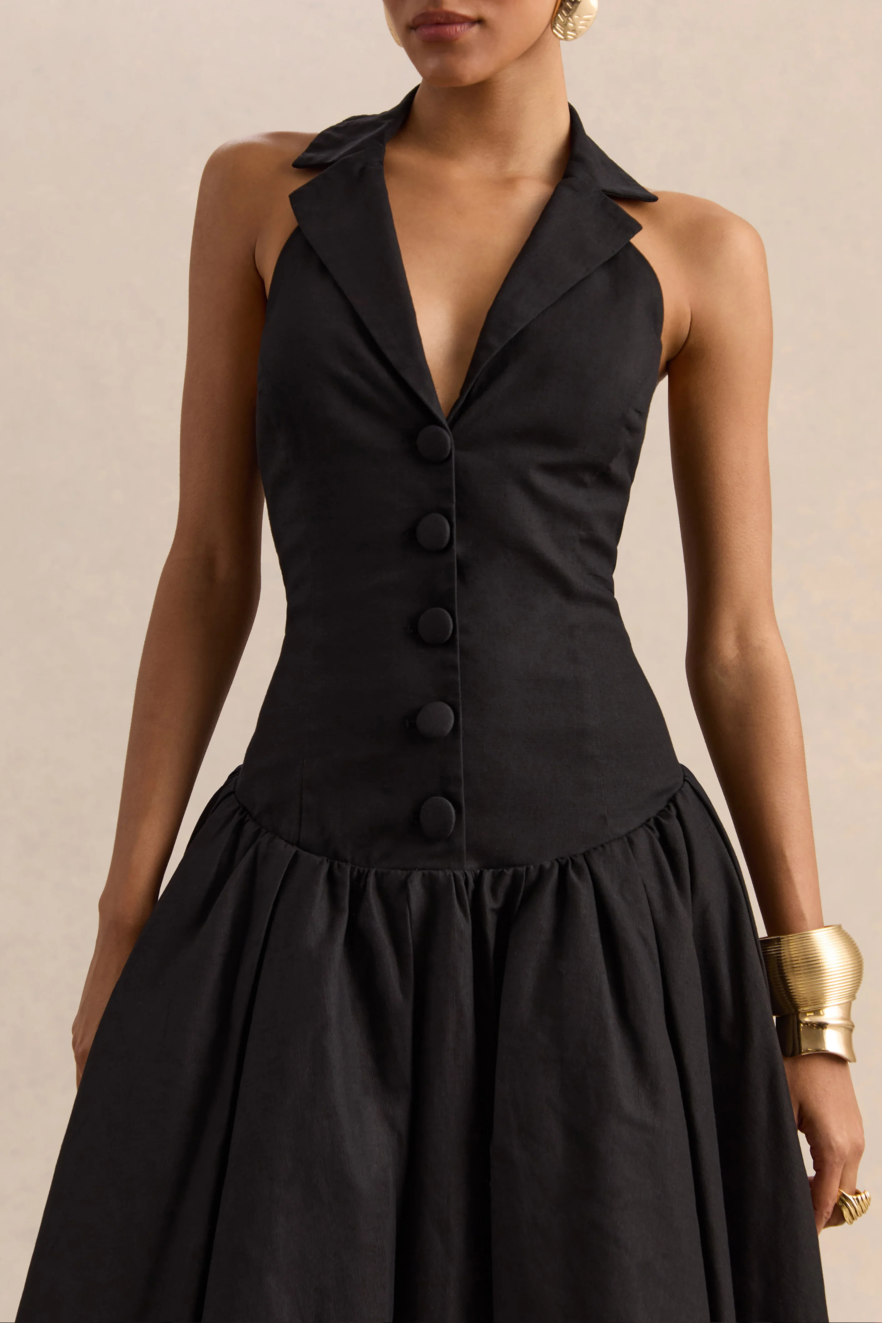 Ella | Black Plunge-Neck Midi Dress With Drop-Waist - Image 3