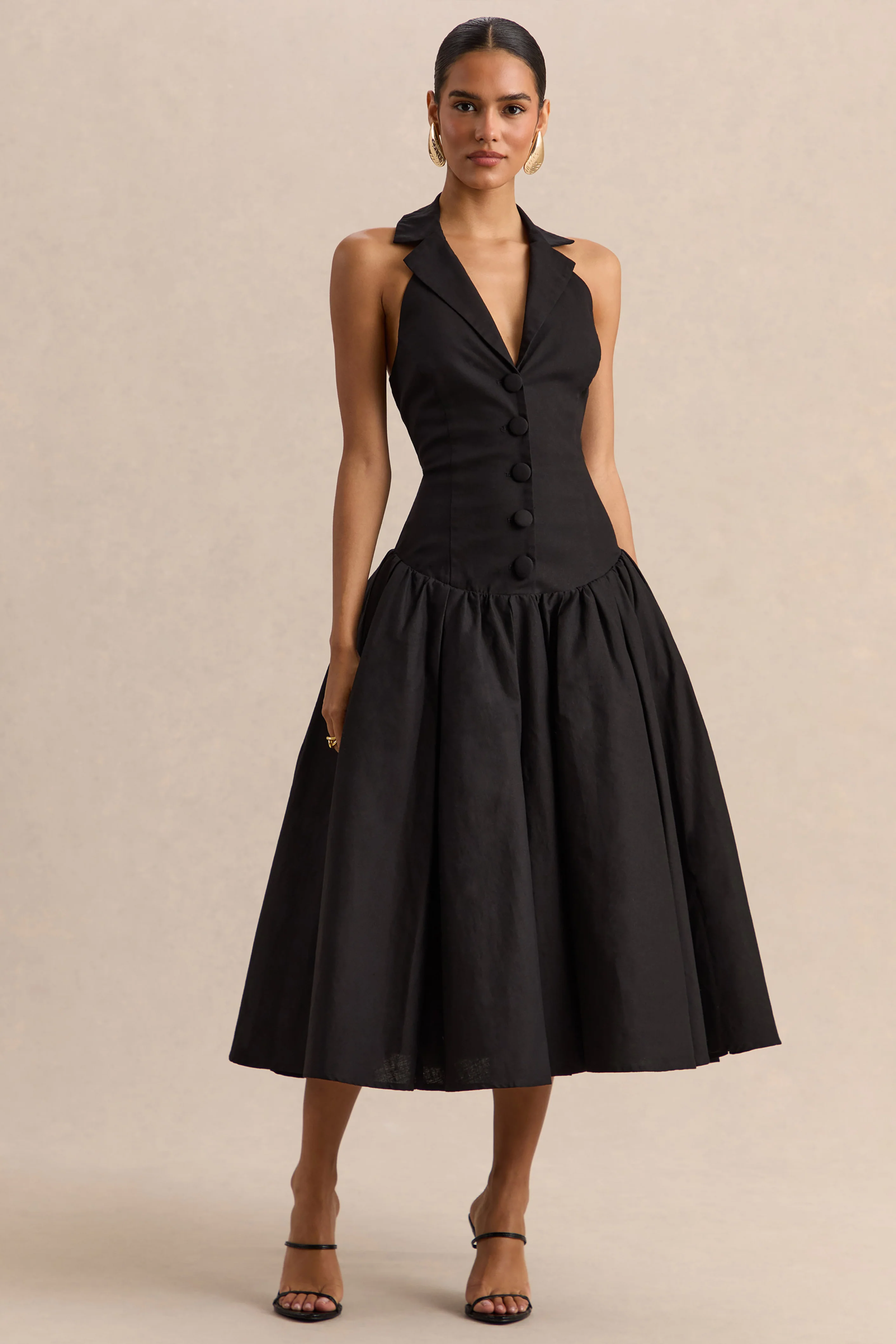 Ella | Black Plunge-Neck Midi Dress With Drop-Waist - Image 4