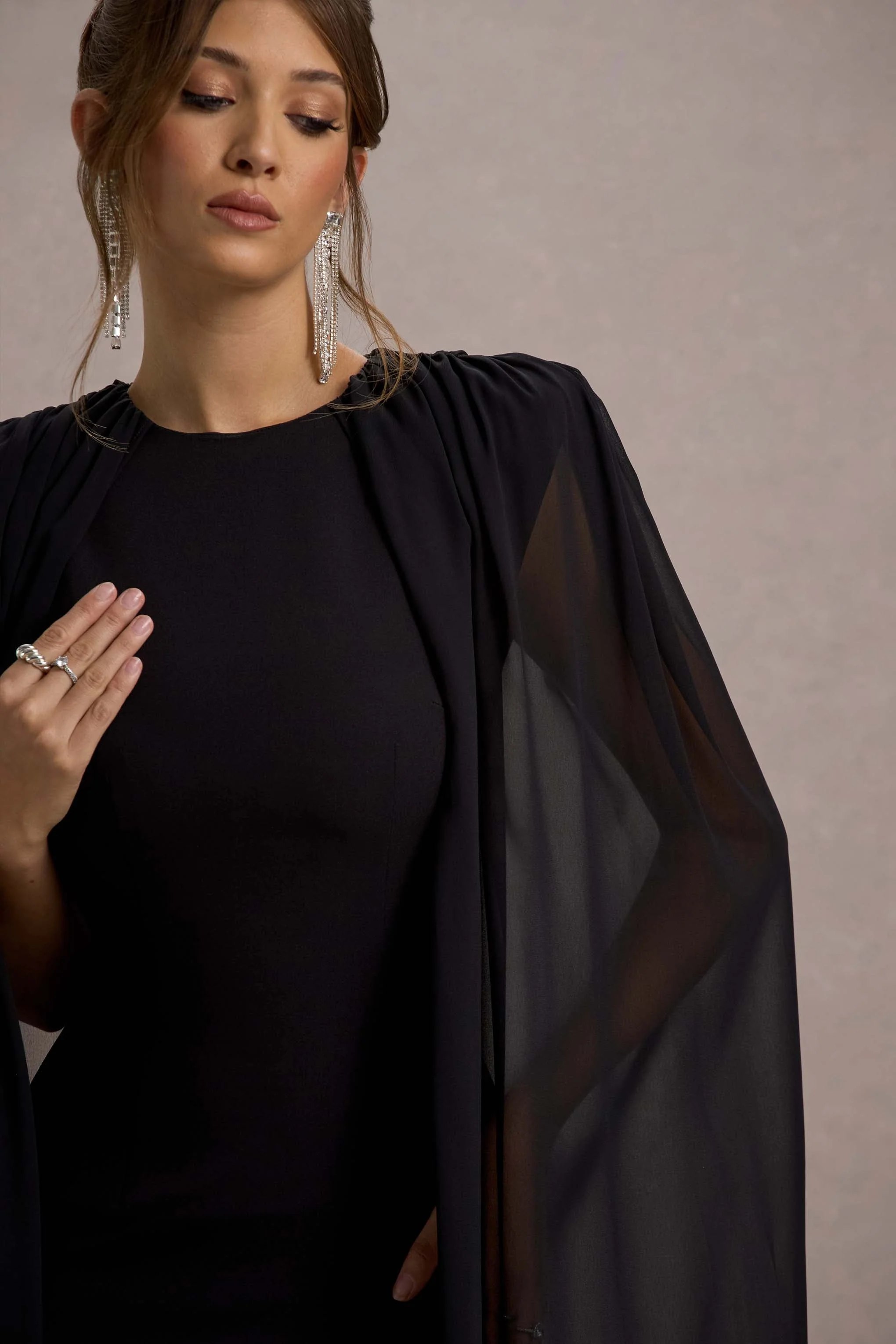 Elysium | Black Bodycon Mini Dress With Chiffon Cape - Image 6