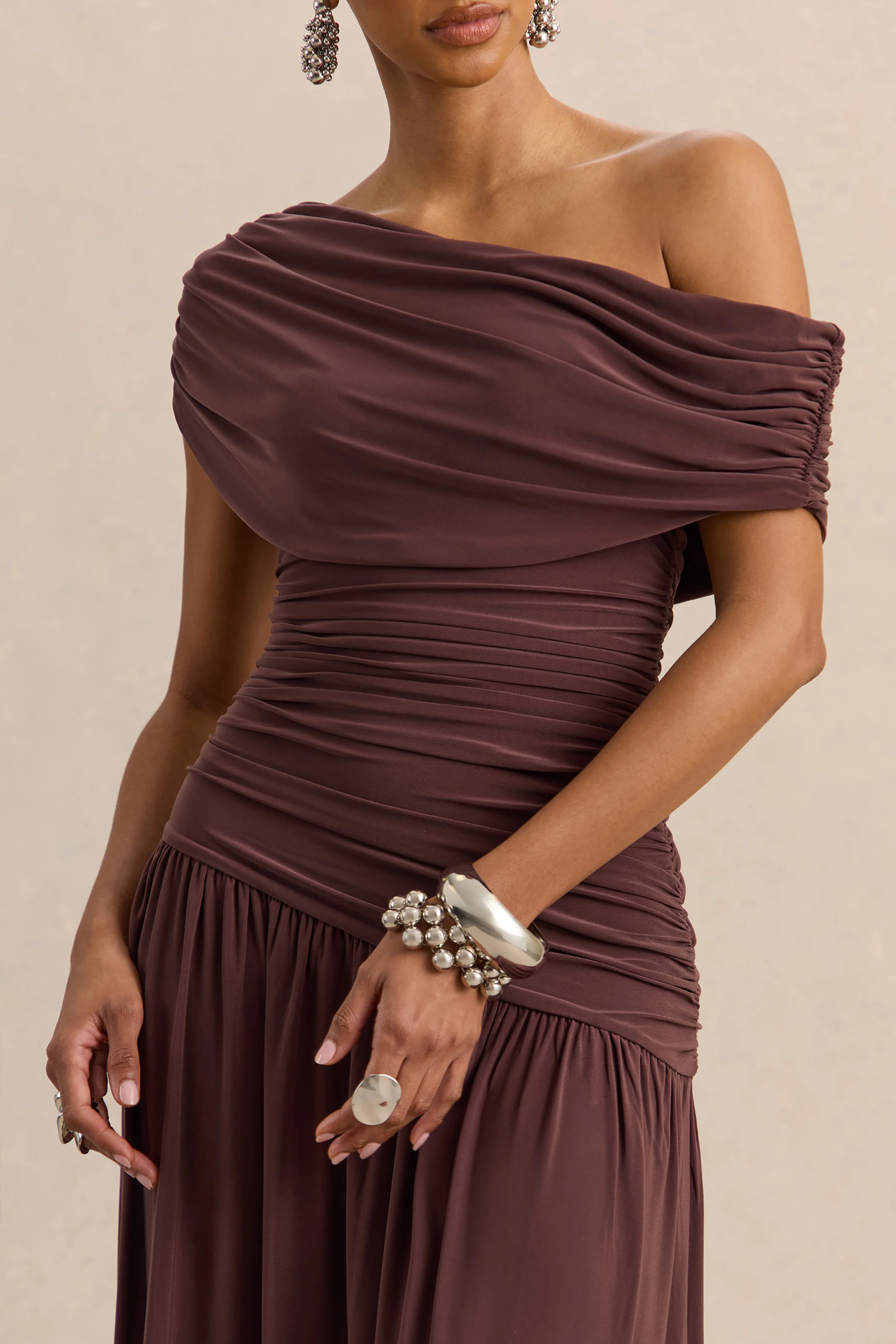 Emberly | Brown Draped Asymmetric-Neck Maxi Dress With Drop-Waist - Image 8