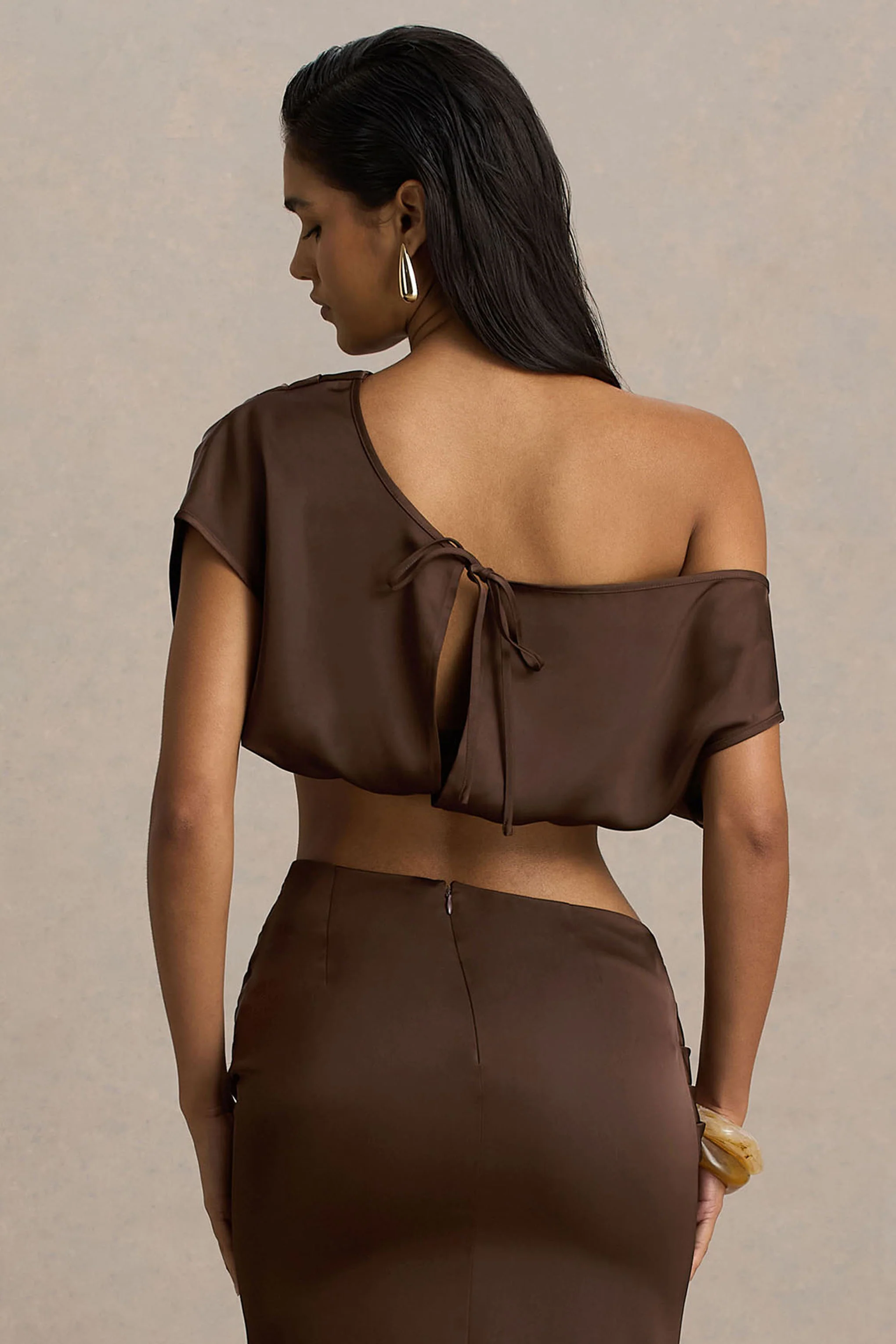 Entrapment | Brown Satin Boat-Neck Crop-Top With Ruched Detailing - Image 2