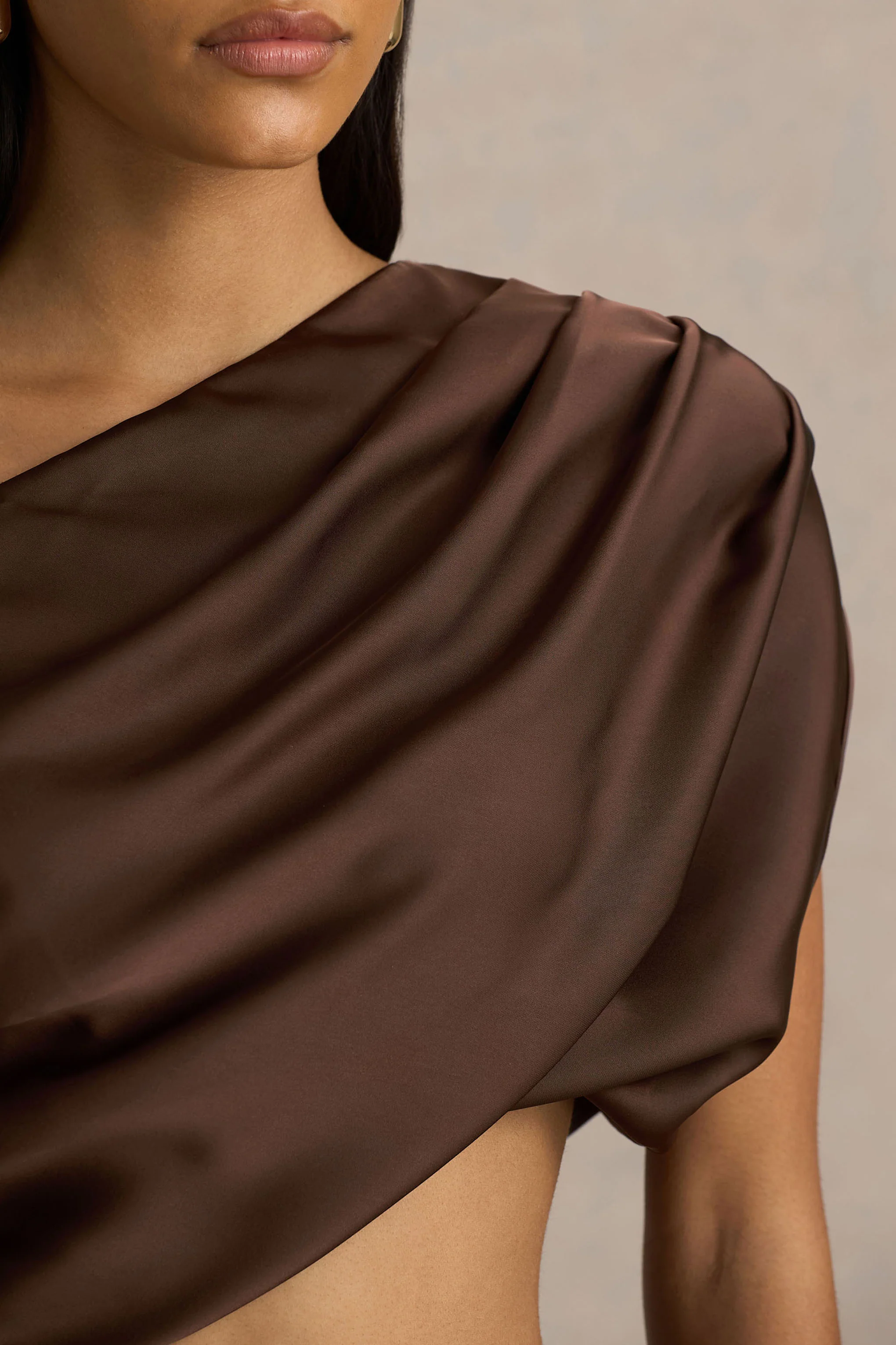 Entrapment | Brown Satin Boat-Neck Crop-Top With Ruched Detailing - Image 3