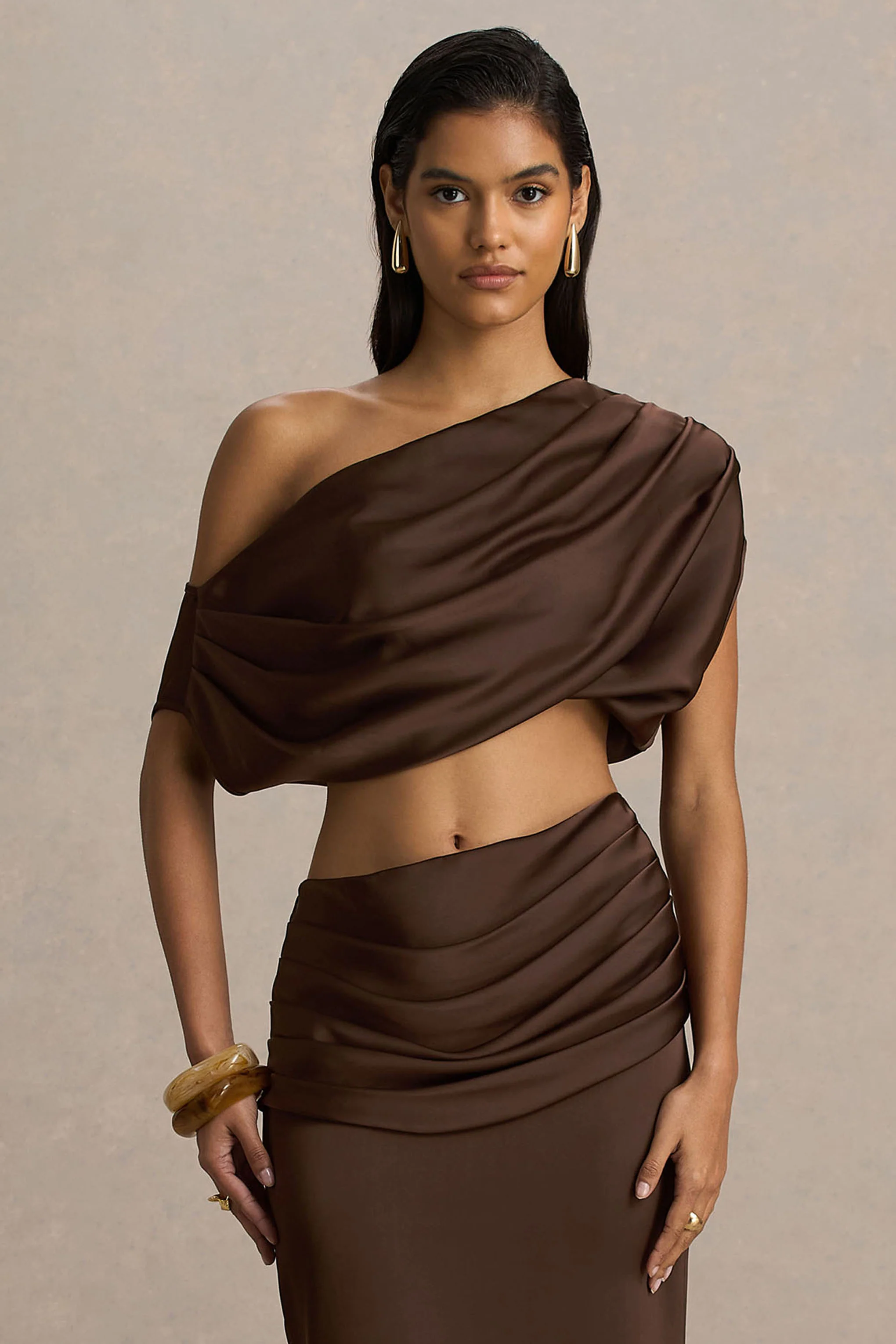 Entrapment | Brown Satin Boat-Neck Crop-Top With Ruched Detailing - Image 5