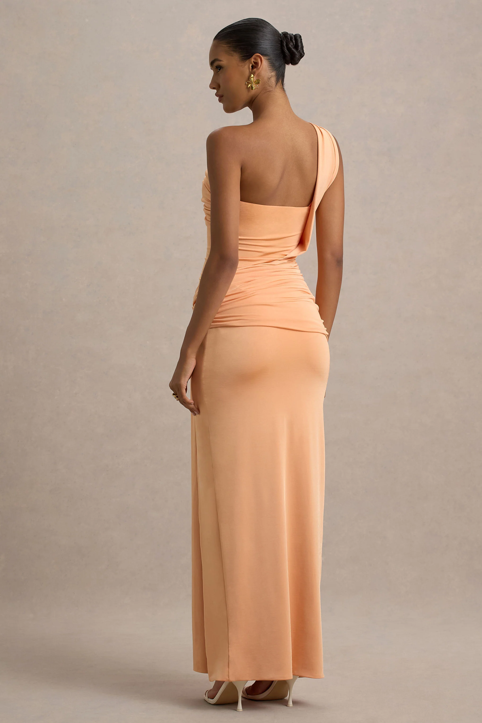 Erminia | Peach One-Shoulder Twist Wrap Maxi Dress - Image 2