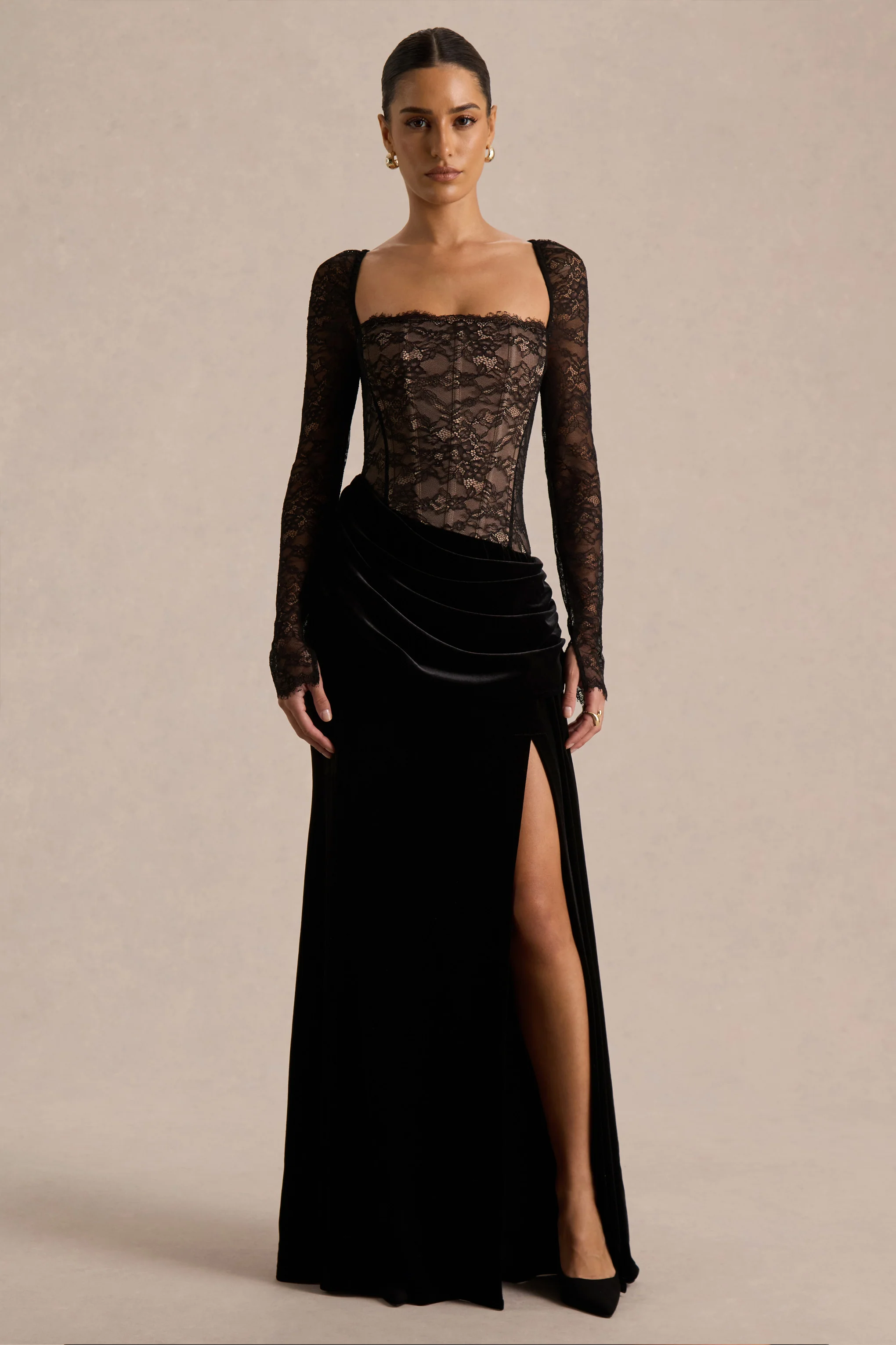 Finesse | Black Lace And Velvet Square-Neck Maxi Dress With Draped Skirt - Image 3