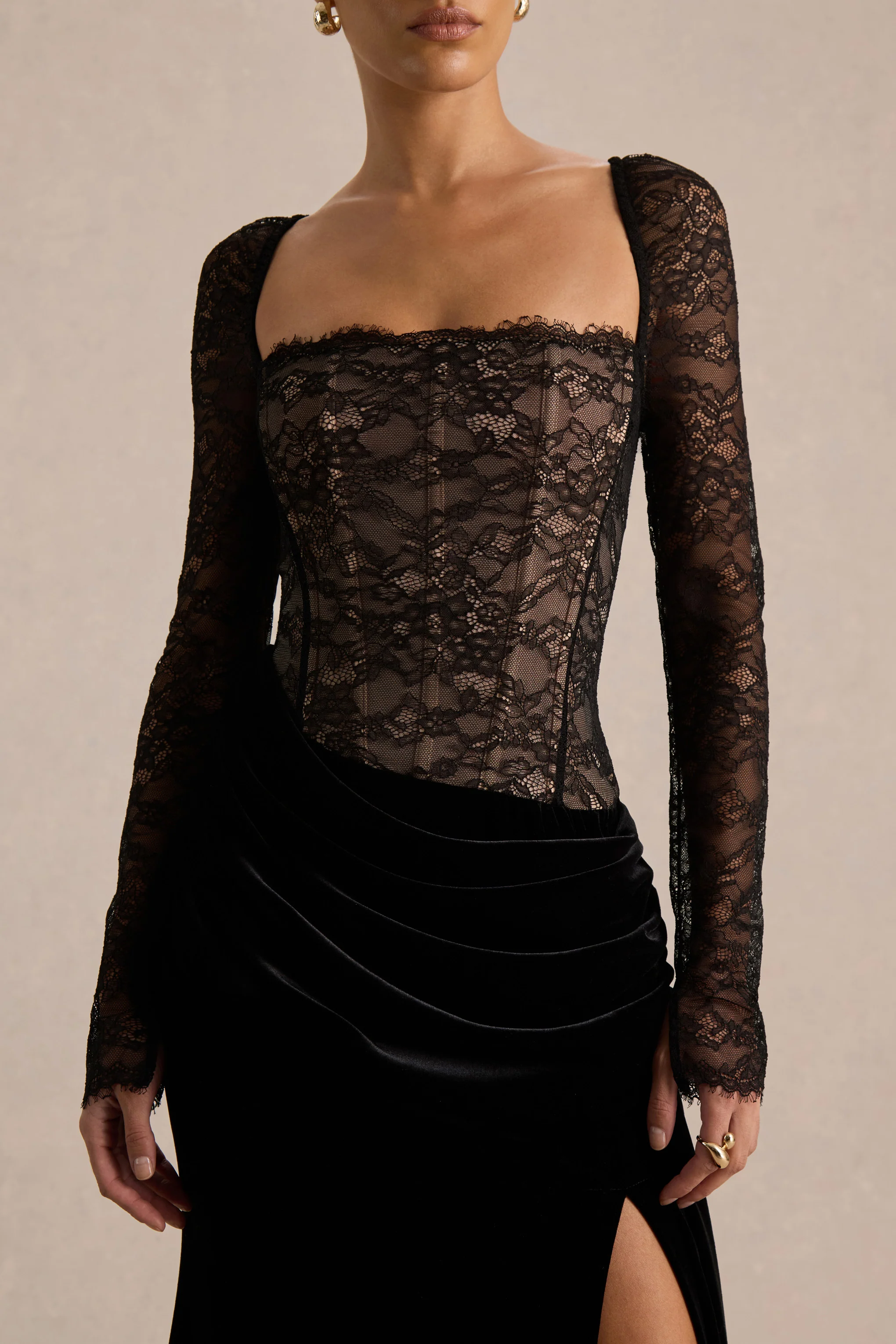 Finesse | Black Lace And Velvet Square-Neck Maxi Dress With Draped Skirt - Image 4