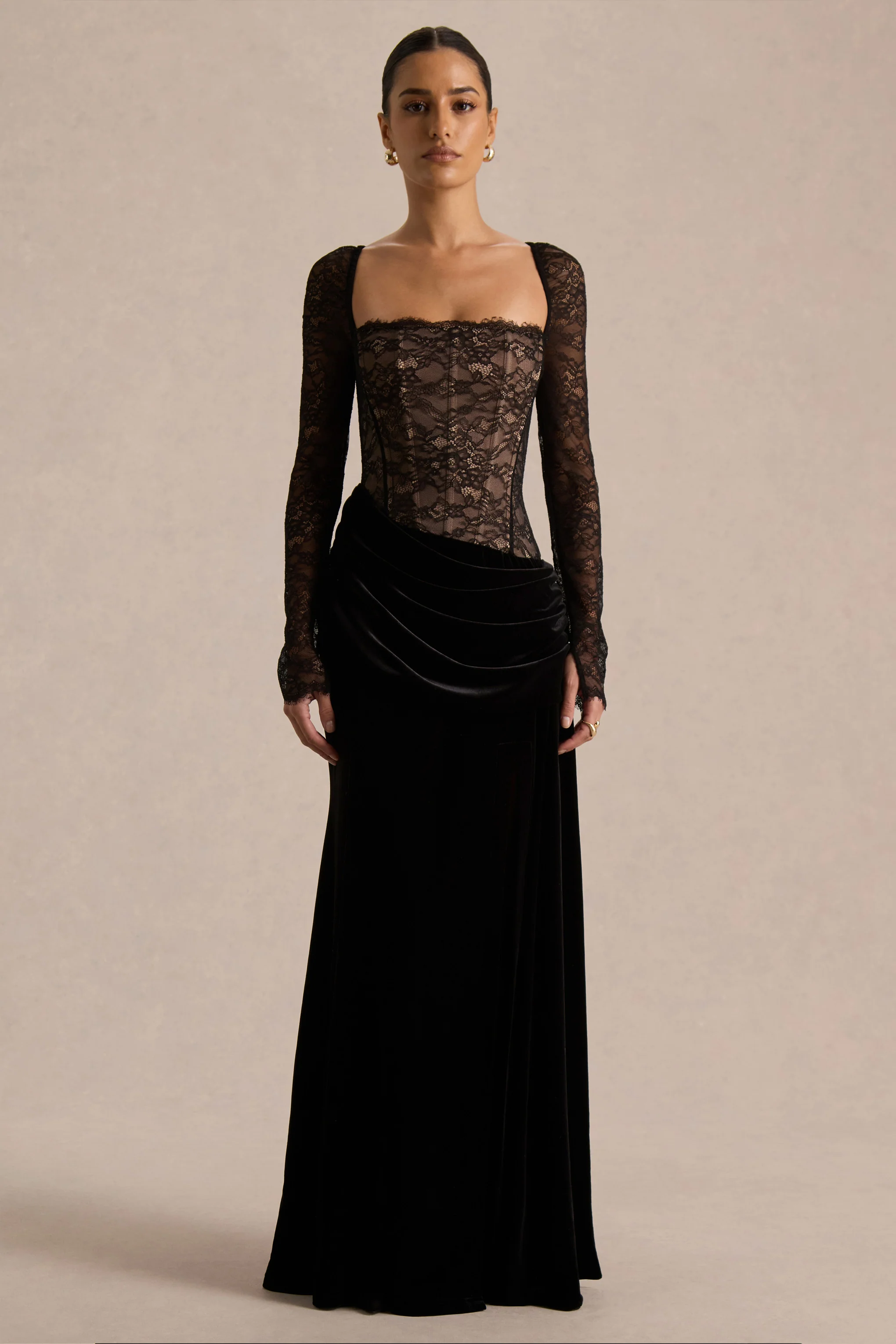 Finesse | Black Lace And Velvet Square-Neck Maxi Dress With Draped Skirt - Image 5