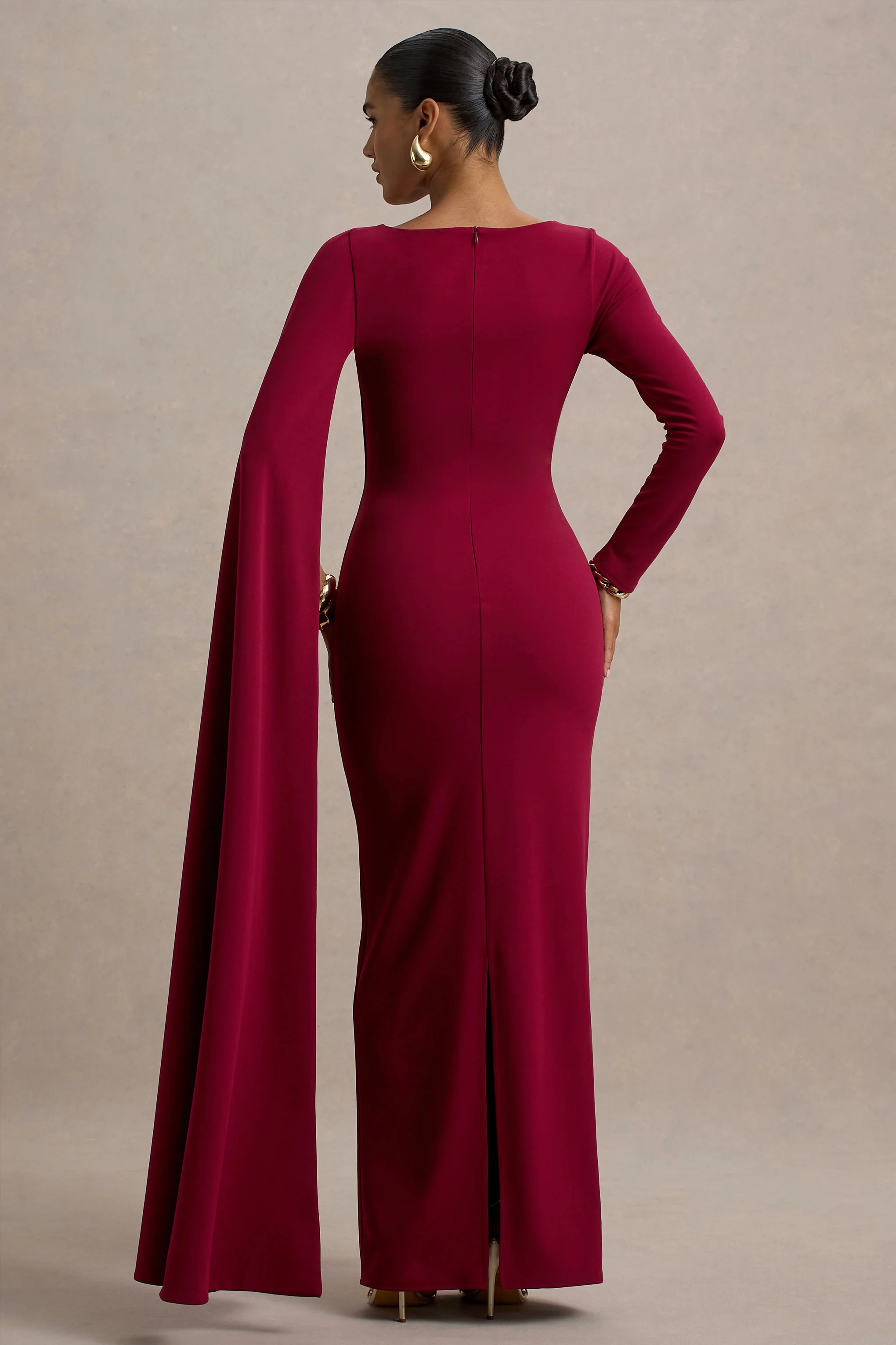 Frances | Burgundy High-Neck Maxi Dress With Cape Detail - Image 2