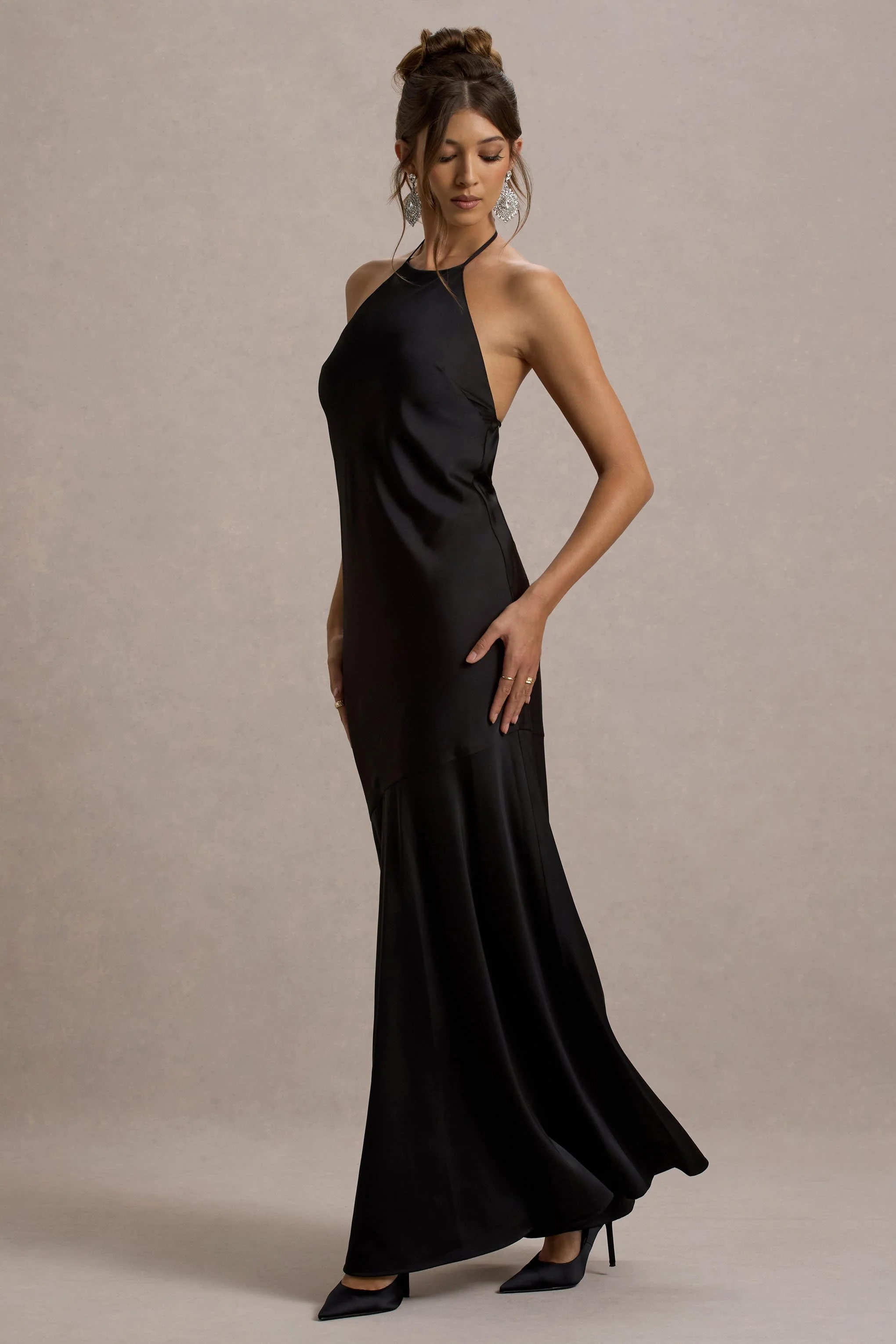 Frida | Black Satin Halter-Neck Backless Maxi Dress - Image 5
