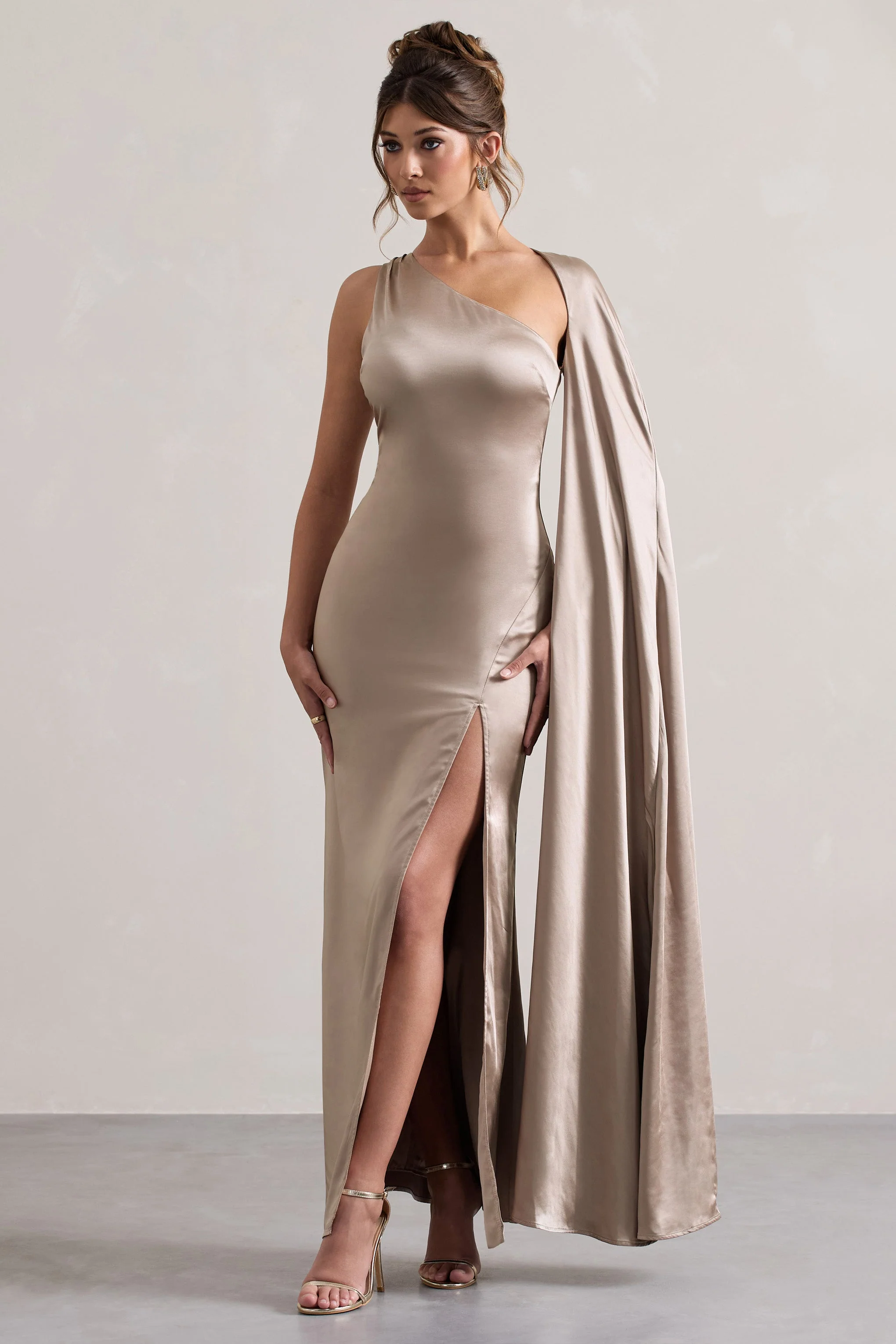 Gala | Taupe Satin One-Shoulder Cape Sleeve Split Maxi Dress - Image 5
