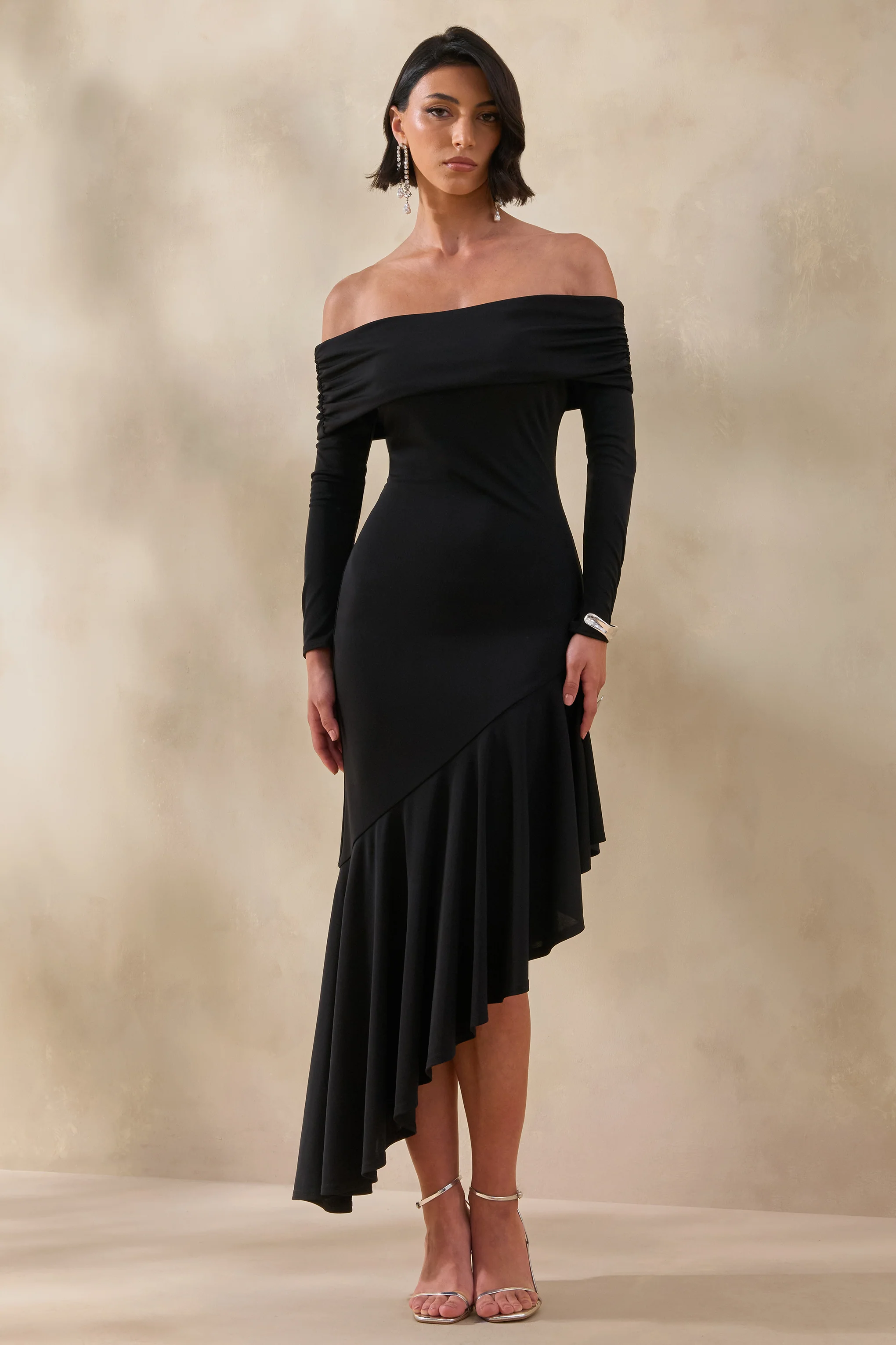 Goldara | Black Bardot-Neck Maxi Dress With Ruffled Asymmetric-Hem
