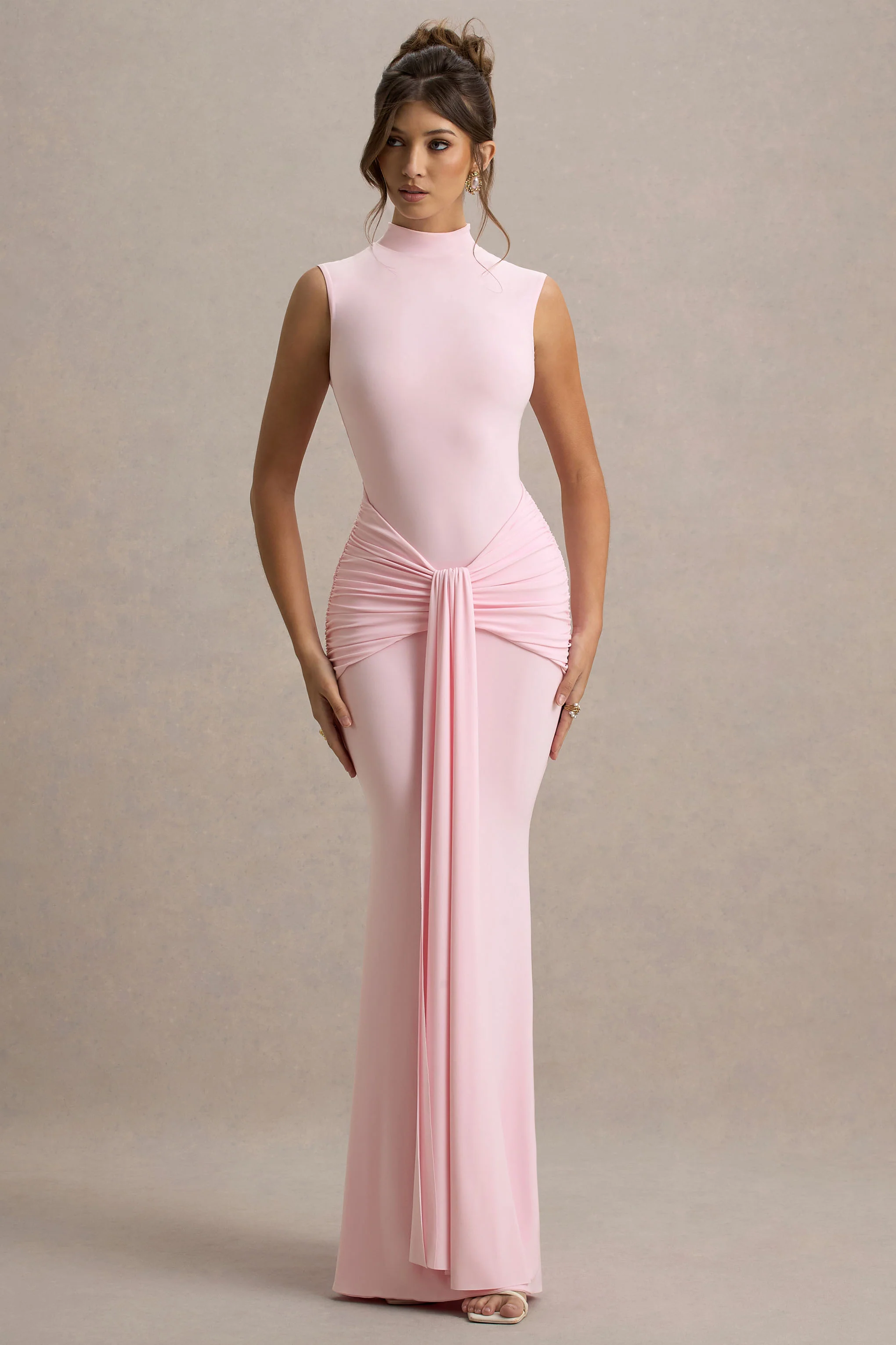 Graziana | Pink High-Neck Gathered Draped Maxi Dress - Image 4