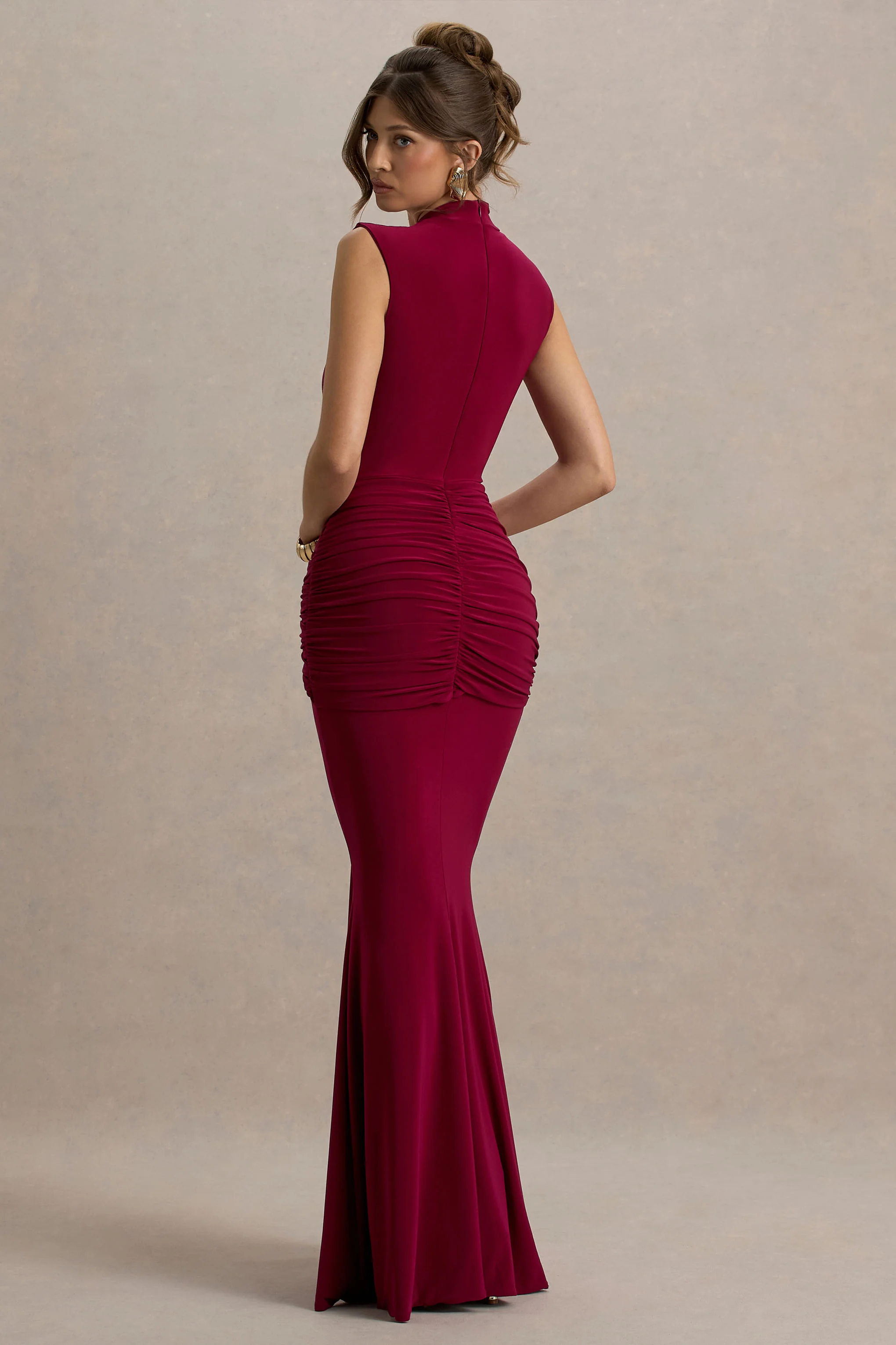 Graziana | Burgundy High-Neck Gathered Draped Maxi Dress - Image 2