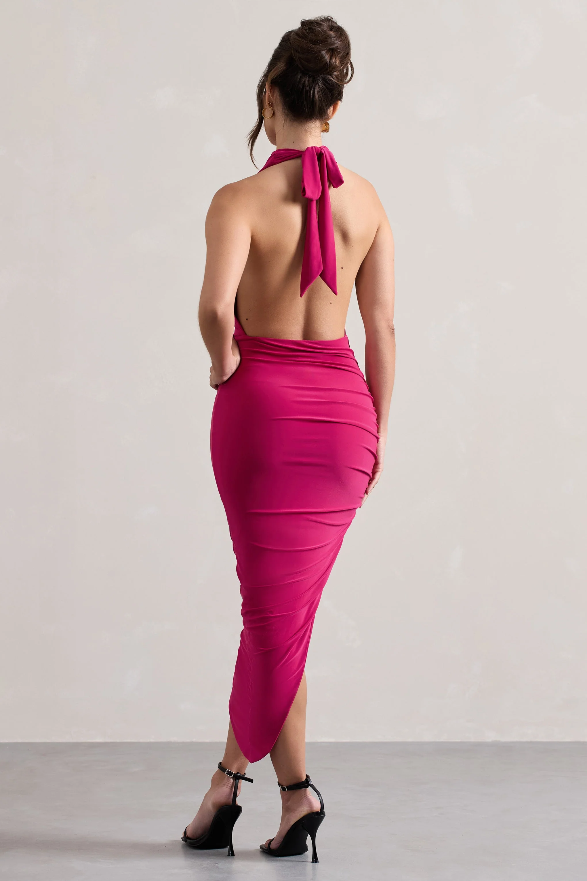 Hayley | Hot Pink Cowl-Neck Asymmetric Maxi Dress - Image 2
