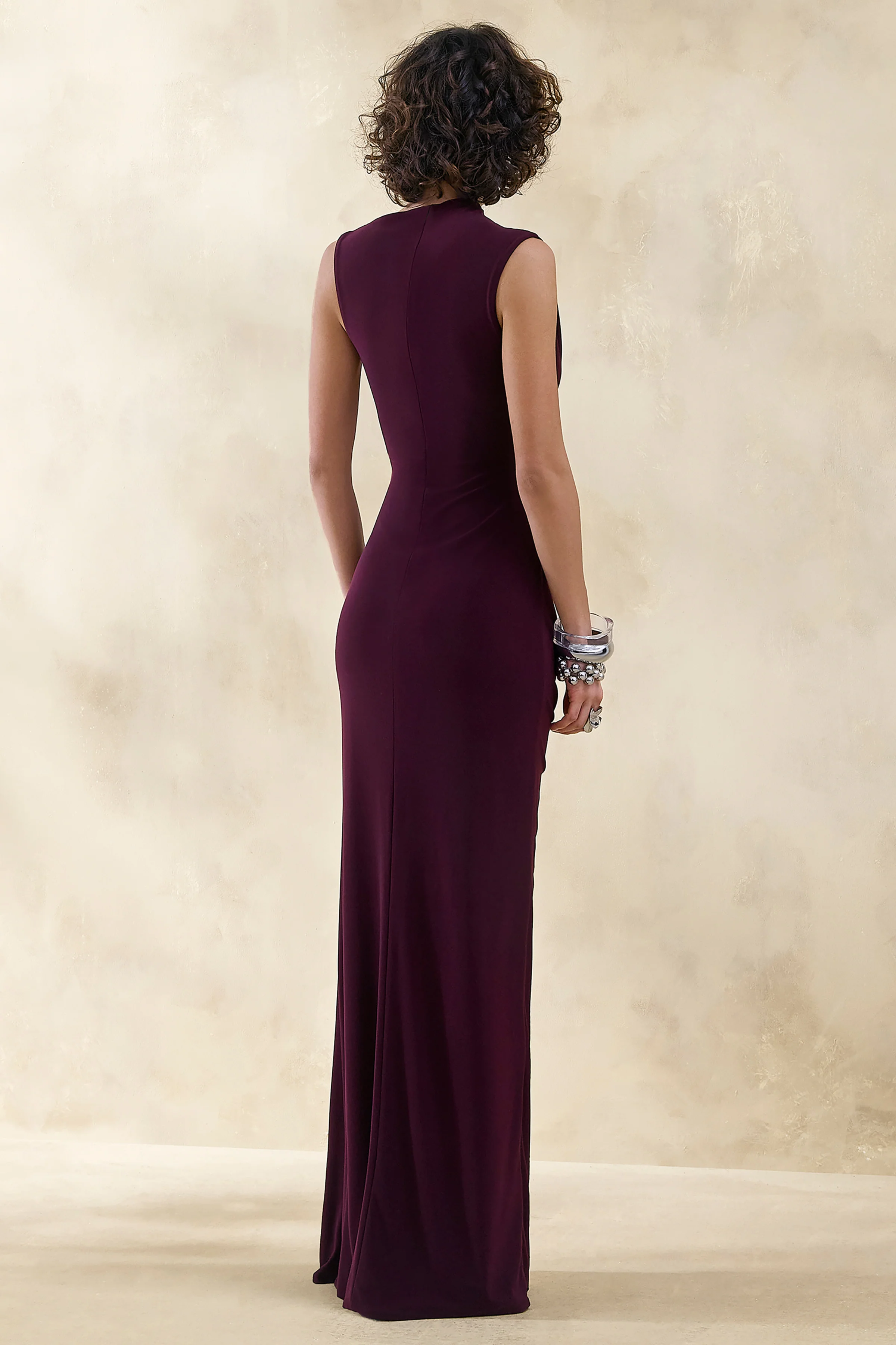 Helessia | Dark Plum Asymmetric-Neck Maxi Dress With Gathered-Detailing And Sash - Image 2