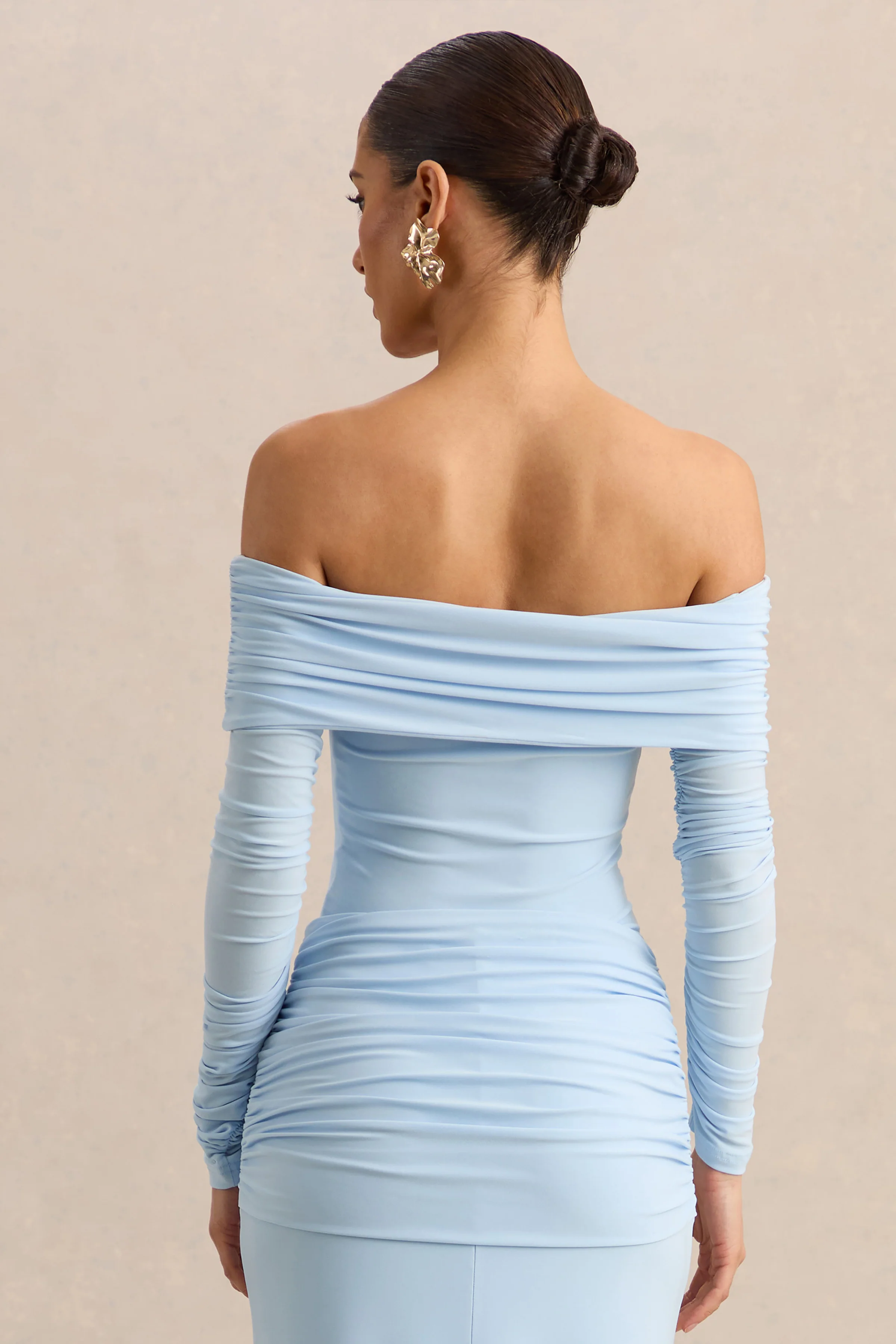Helia | Blue Bardot Neck Bodysuit With Ruched Long Sleeves - Image 2