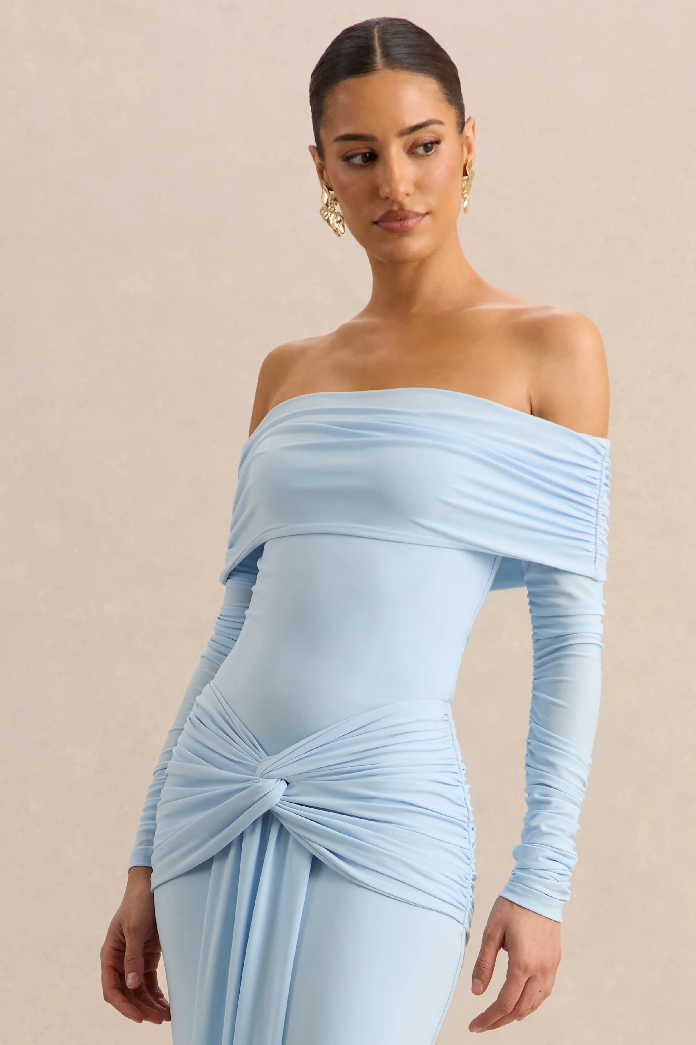 Helia | Blue Bardot Neck Bodysuit With Ruched Long Sleeves - Image 4