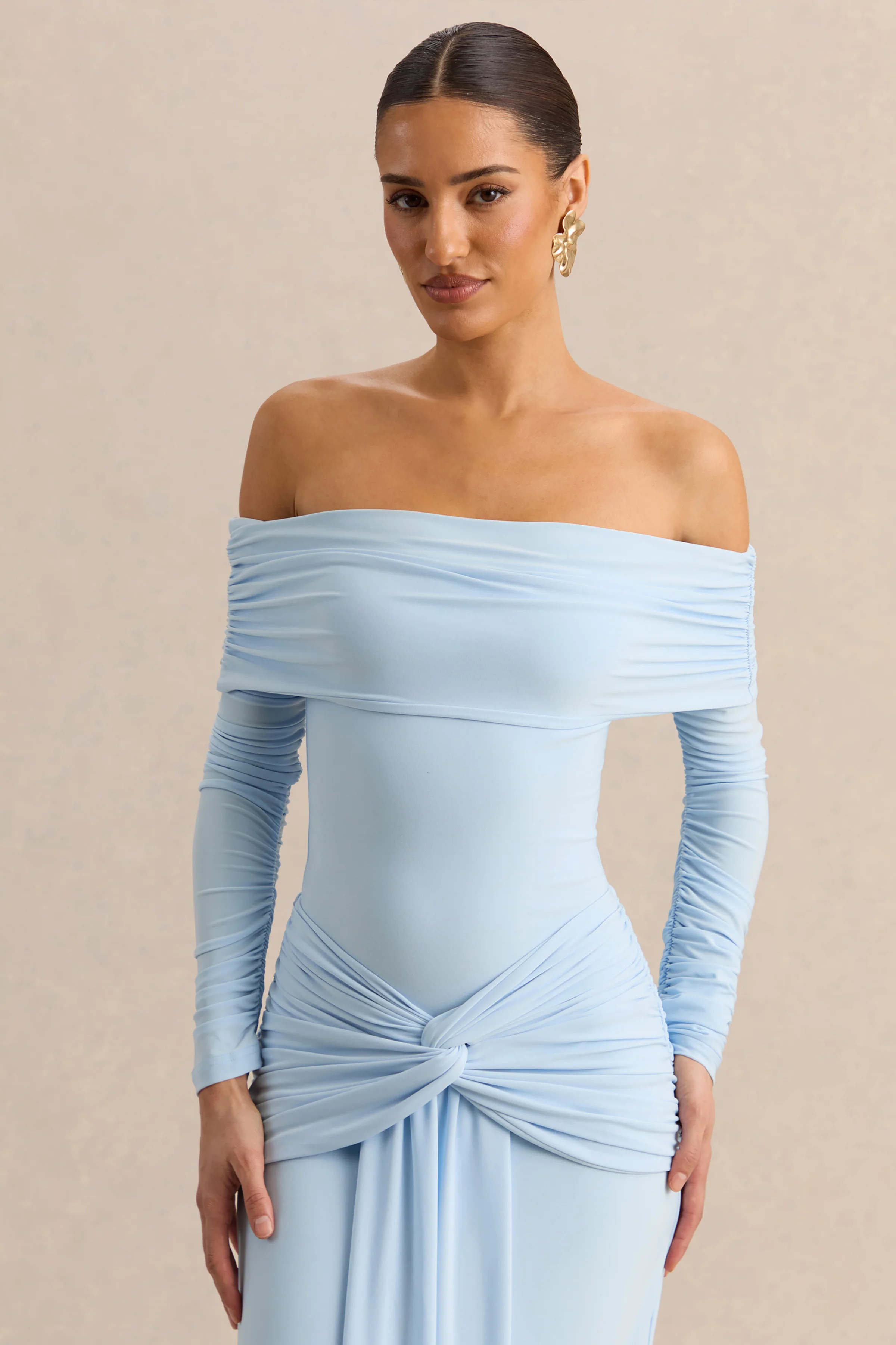 Helia | Blue Bardot Neck Bodysuit With Ruched Long Sleeves - Image 6