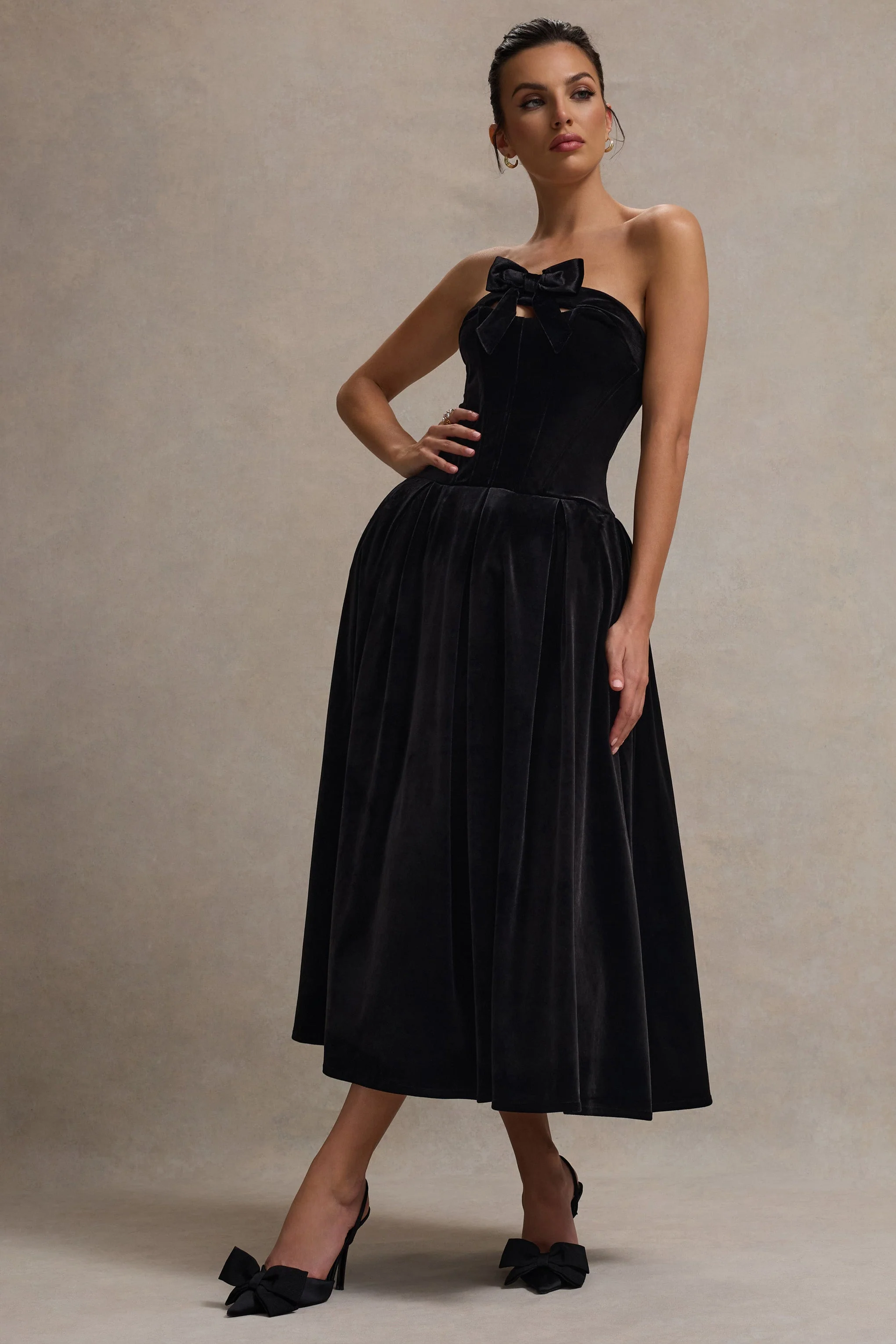 Hepburn | Black Velvet Bandeau Midi Dress With Bow - Image 2